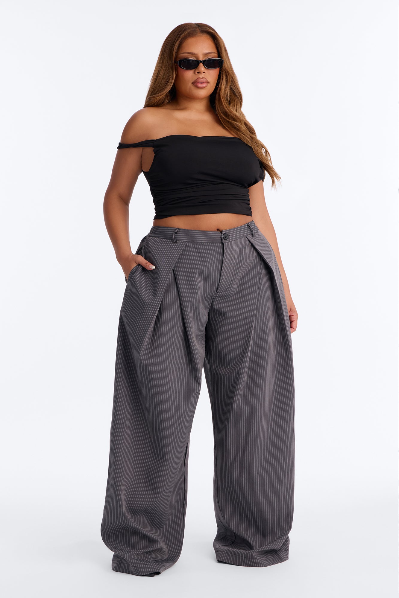 Callie High Rise Pleated Pinstripe Barrel Pant - Charcoal