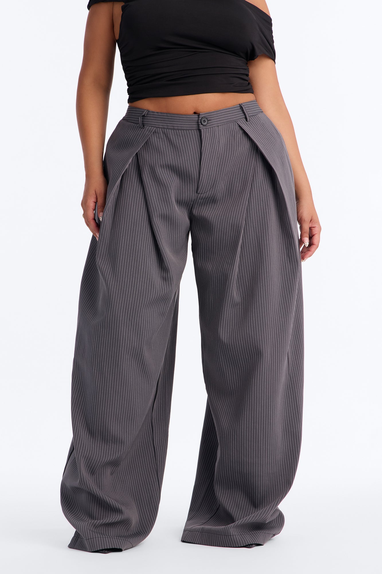 Callie High Rise Pleated Pinstripe Barrel Pant - Charcoal