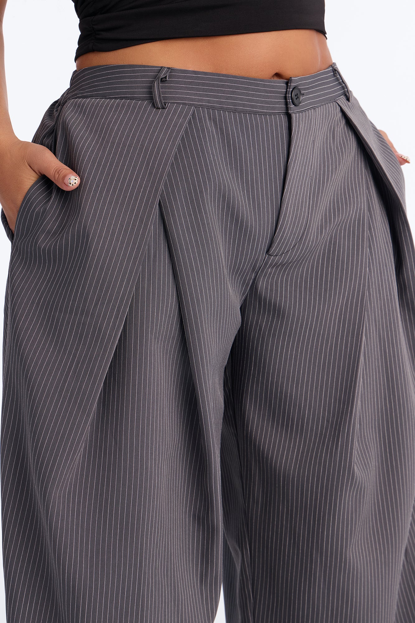 Callie High Rise Pleated Pinstripe Barrel Pant - Charcoal