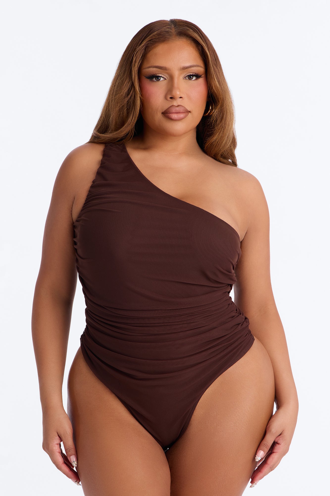 Riri Ruched One Shoulder Bodysuit - Brown