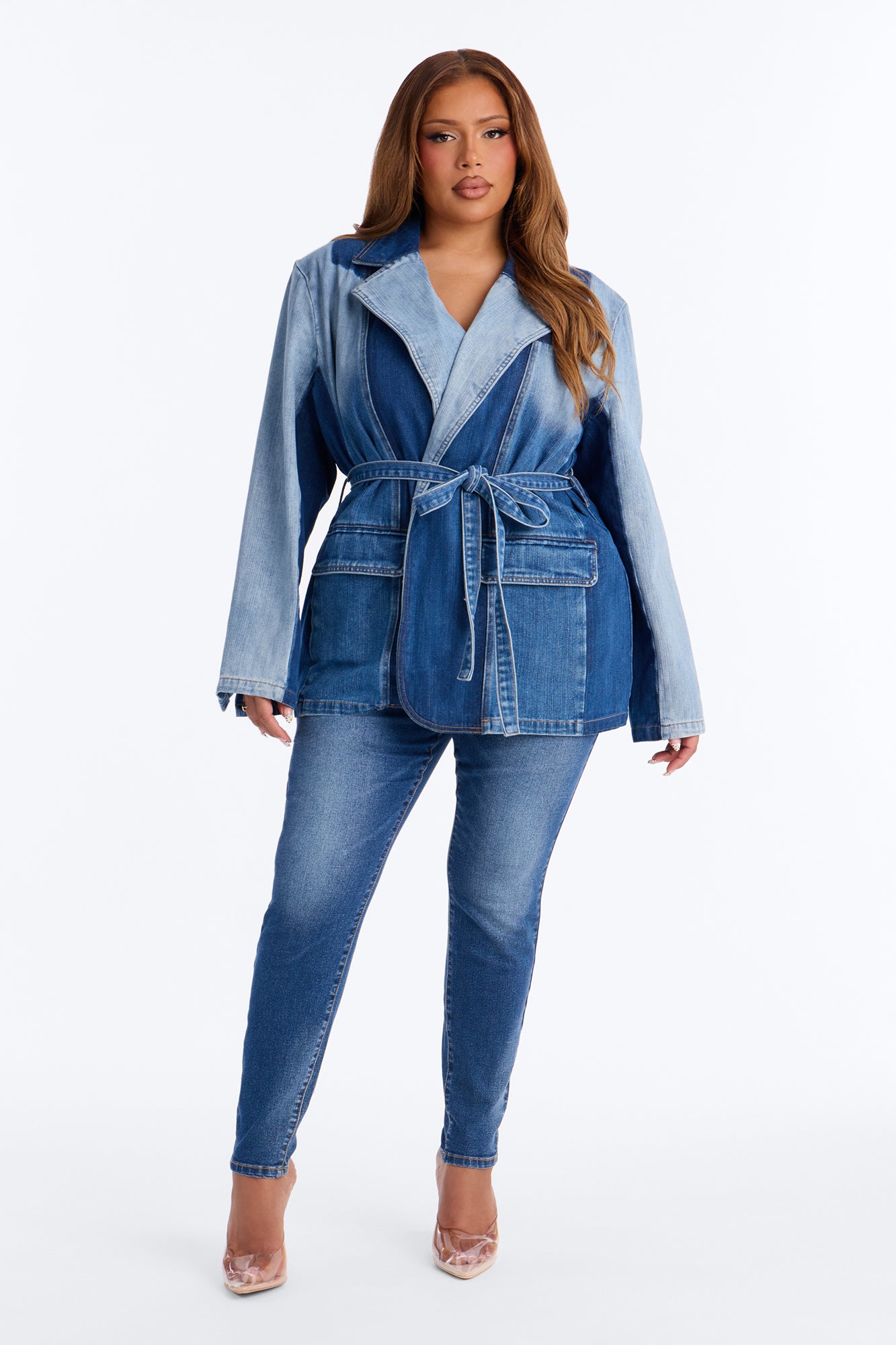 Sharp Contrast Denim Blazer - Medium Wash