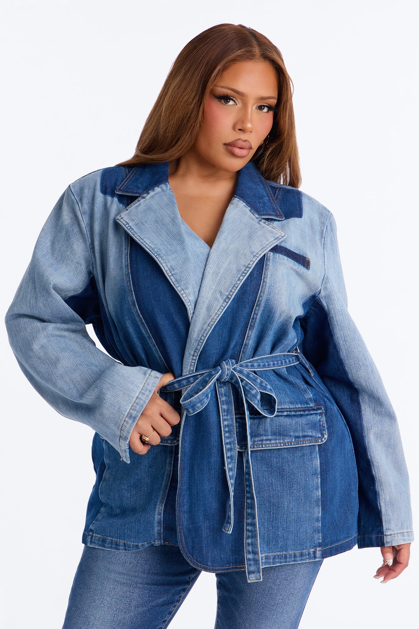 Sharp Contrast Denim Blazer - Medium Wash
