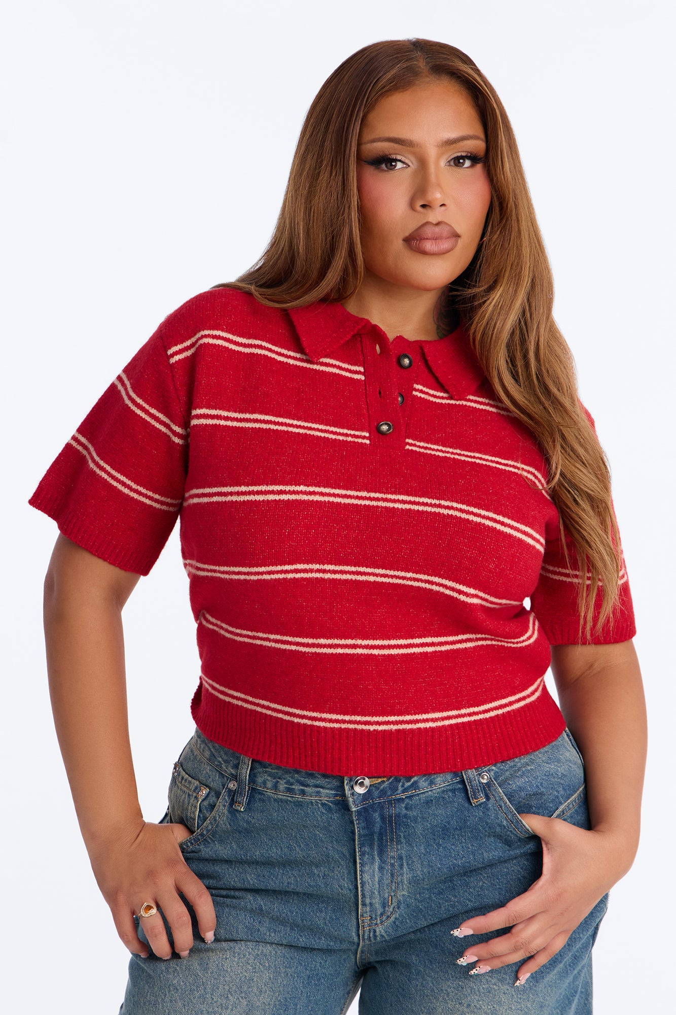 Cassidy Striped Polo Sweater - Red/combo