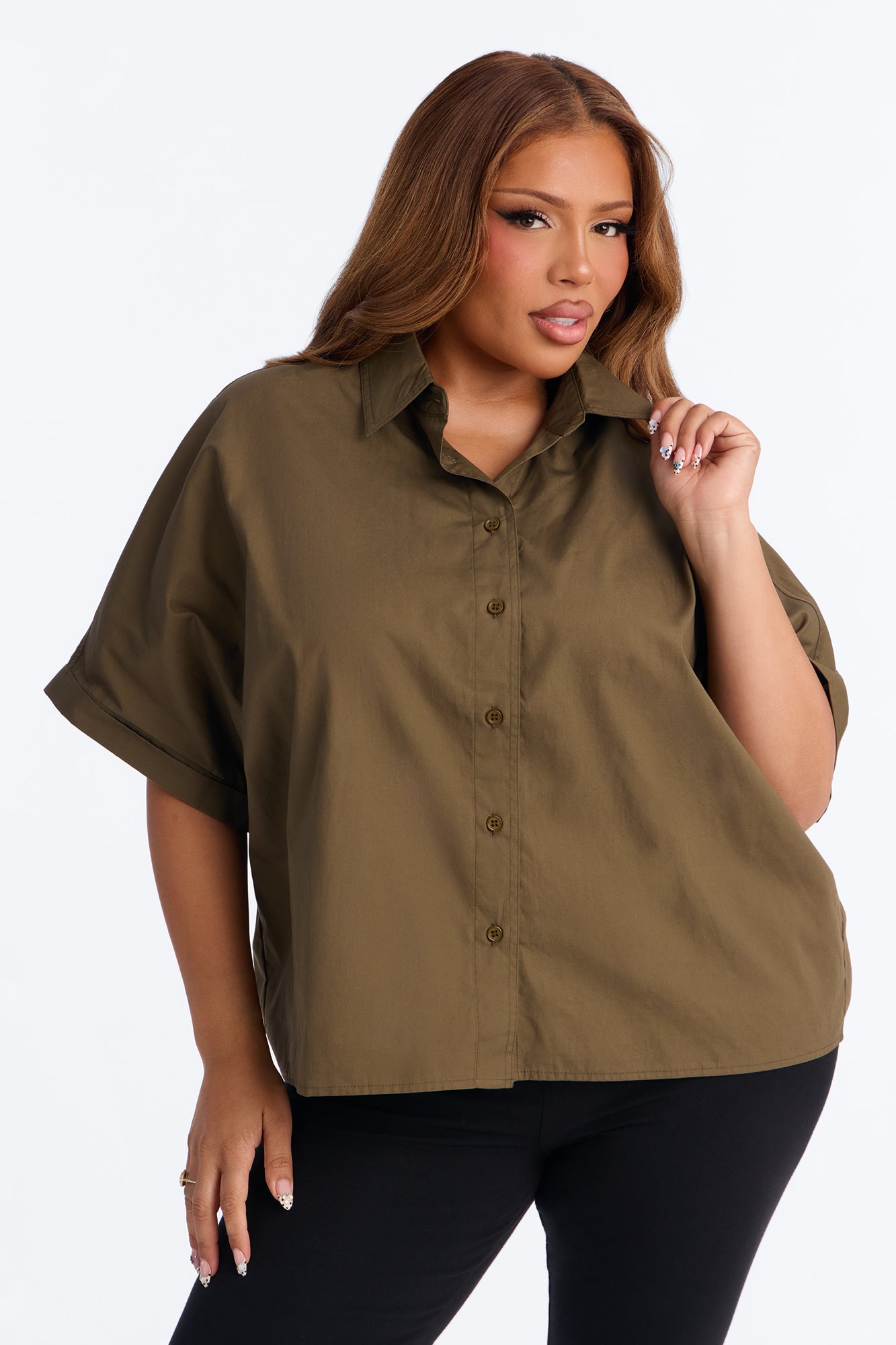 Sancie Oversized Poplin Button Up Shirt - Olive