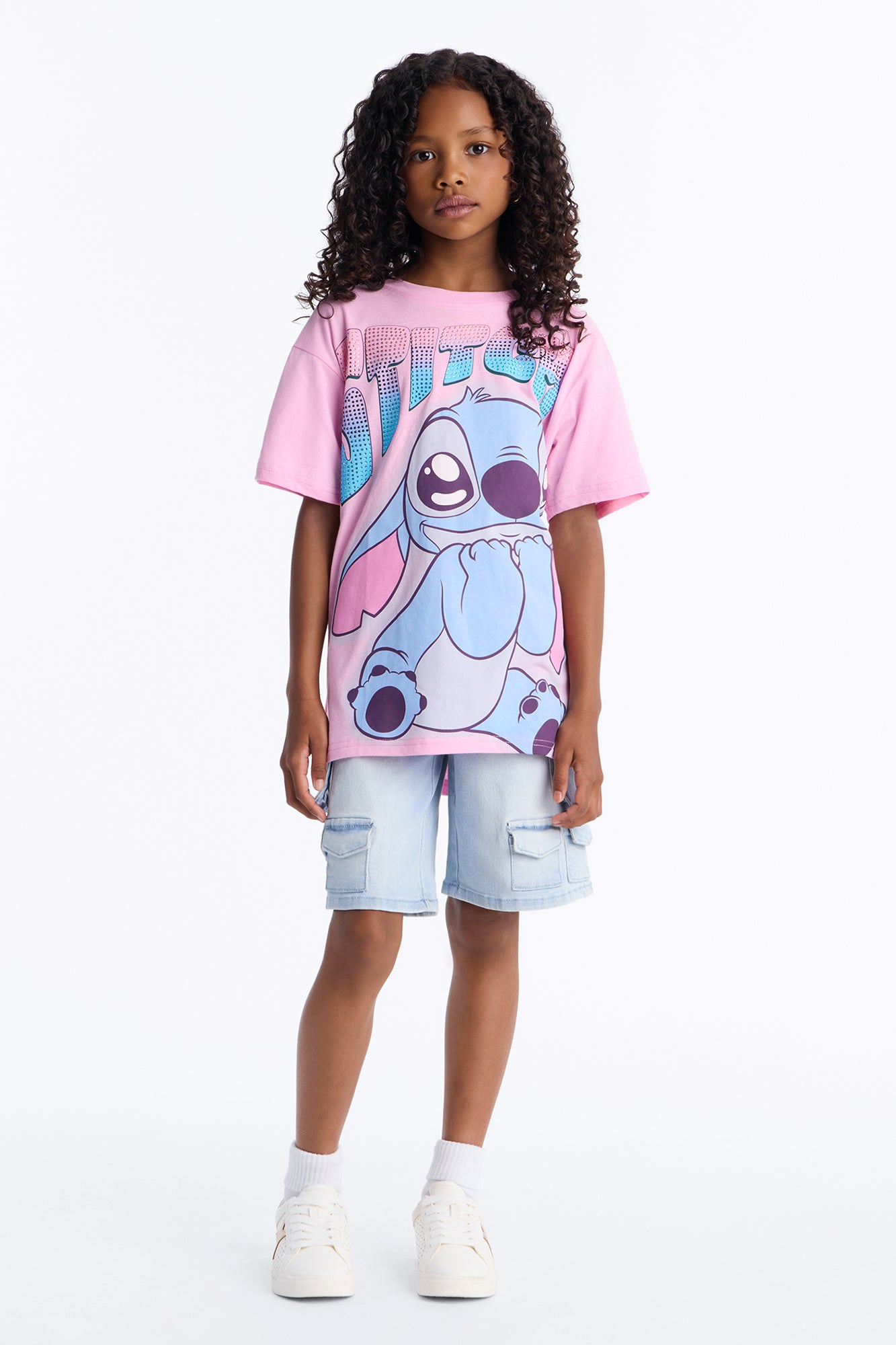 Mini Stitch Rhinestone Short Sleeve Tee - Pink
