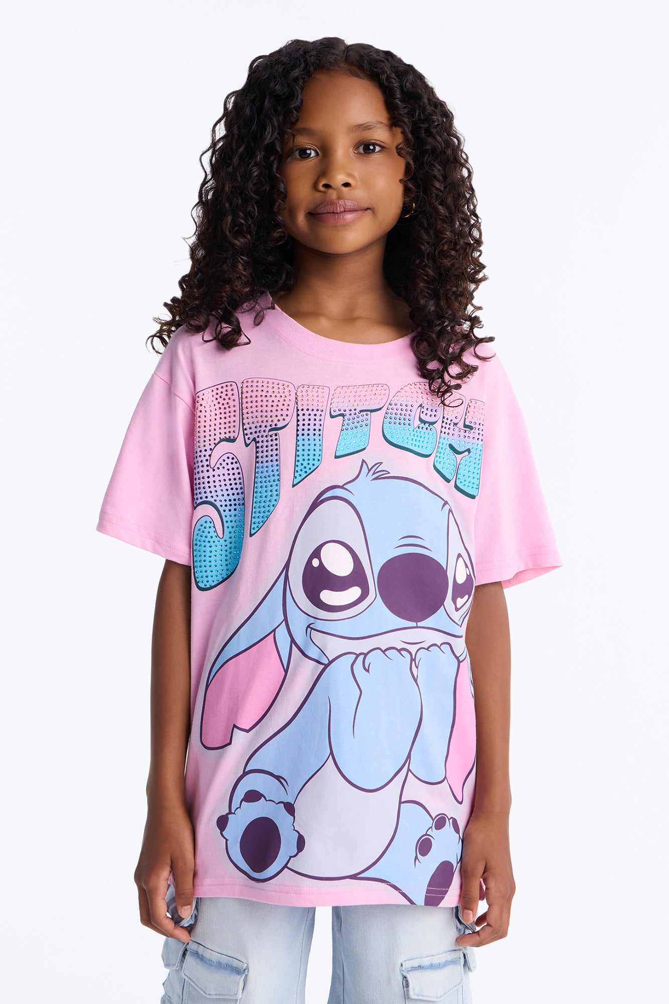 Mini Stitch Rhinestone Short Sleeve Tee - Pink