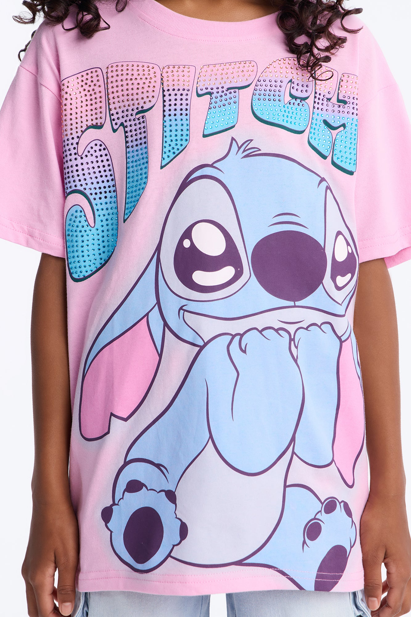 Mini Stitch Rhinestone Short Sleeve Tee - Pink