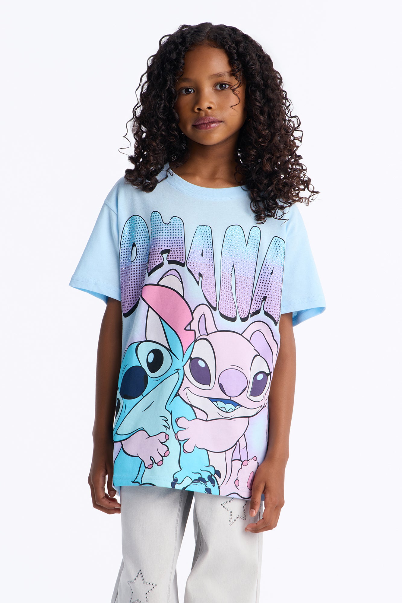 Mini Stitch And Angel Ohana Rhinestone Short Sleeve Tee - Light Blue