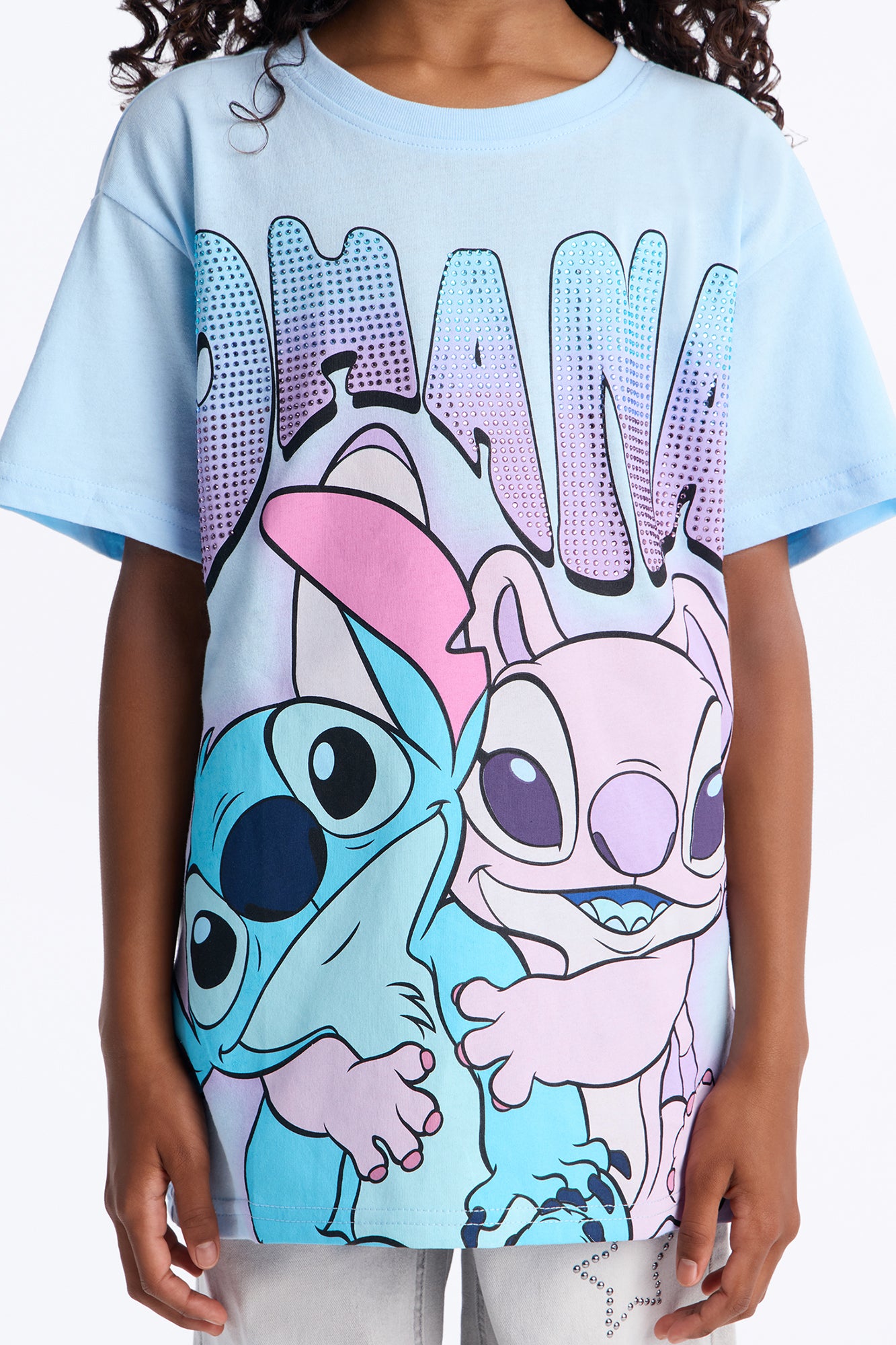 Mini Stitch And Angel Ohana Rhinestone Short Sleeve Tee - Light Blue