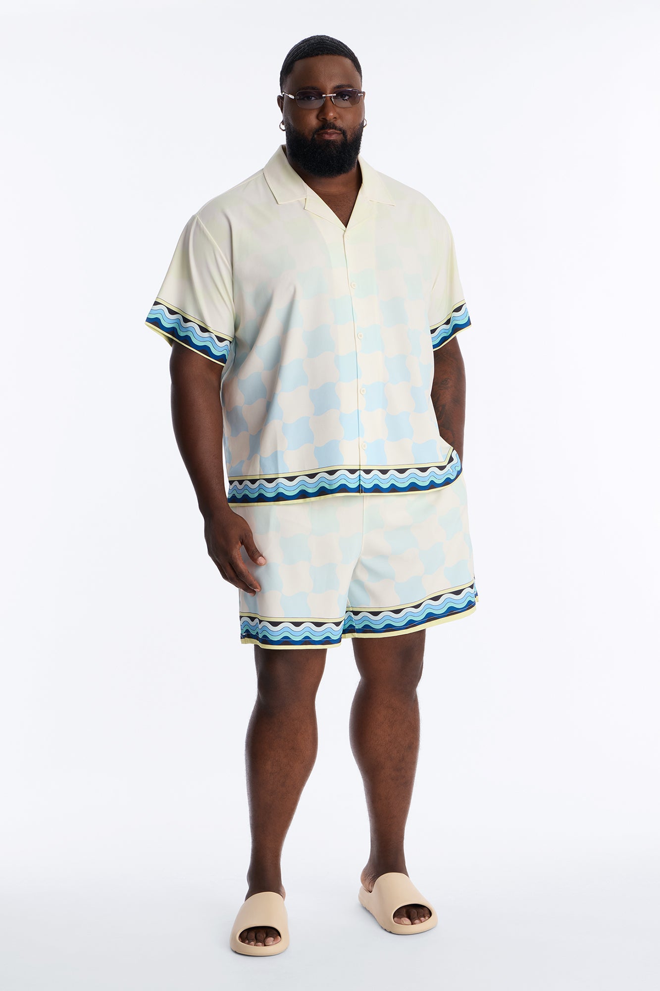Relaxed Medina Geometric Tide Cuban Collar Button Up Shirt - Blue/combo