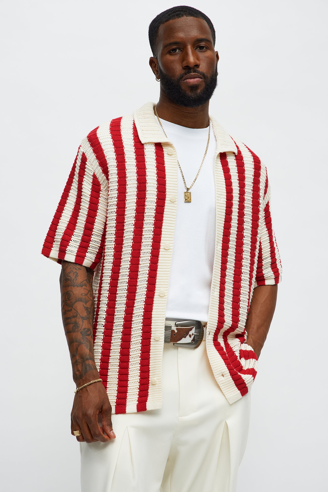 Clark Striped Knit Button Up Shirt - Red/combo