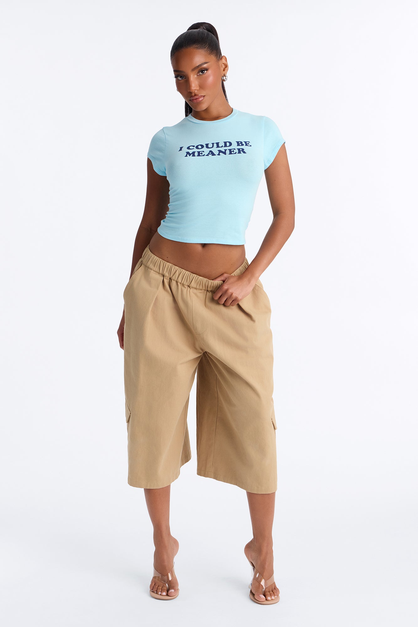 I Could Be Meaner Cropped Baby Tee - Light Blue