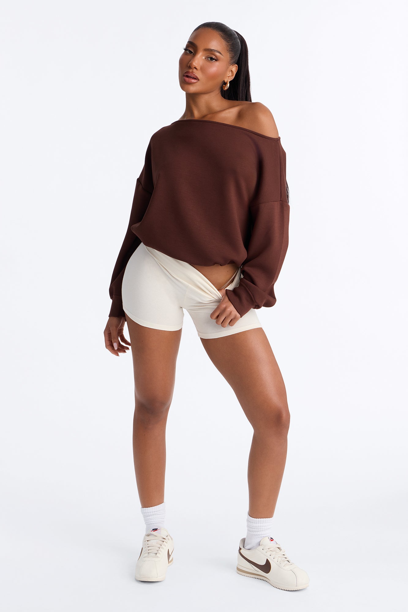 Bella Scuba Lounge Off Shoulder Sweatshirt - Chocolate