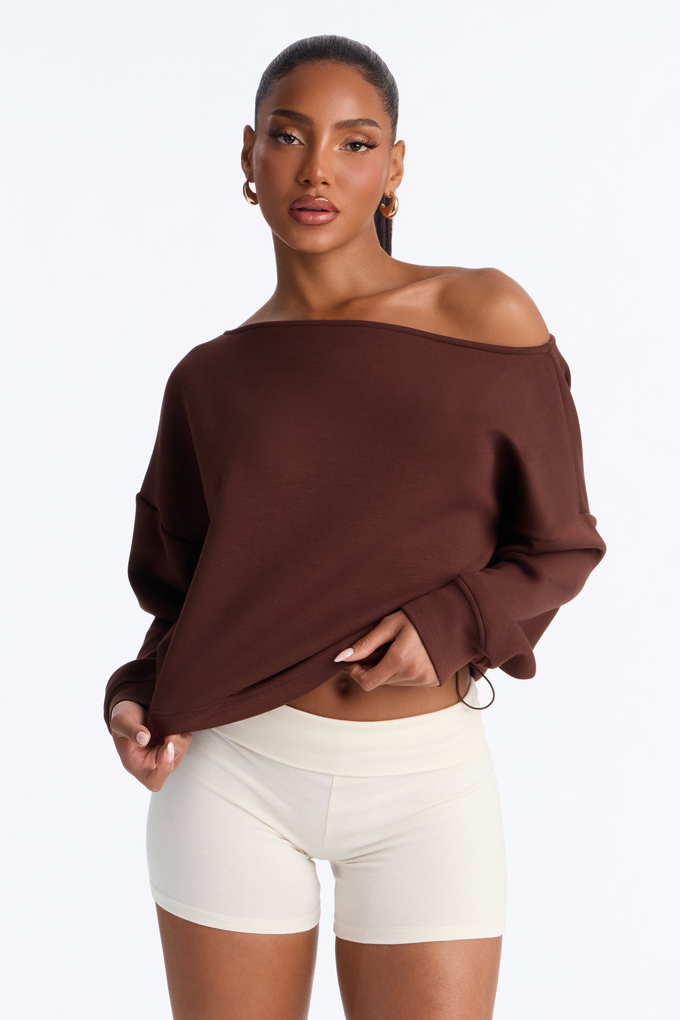 Bella Scuba Lounge Off Shoulder Sweatshirt - Chocolate