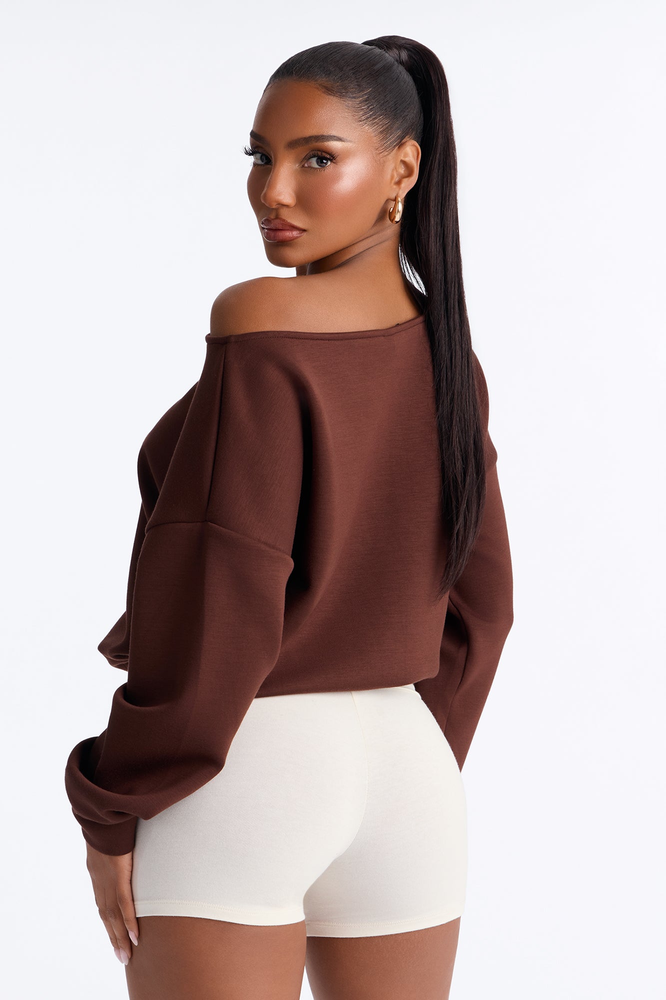 Bella Scuba Lounge Off Shoulder Sweatshirt - Chocolate