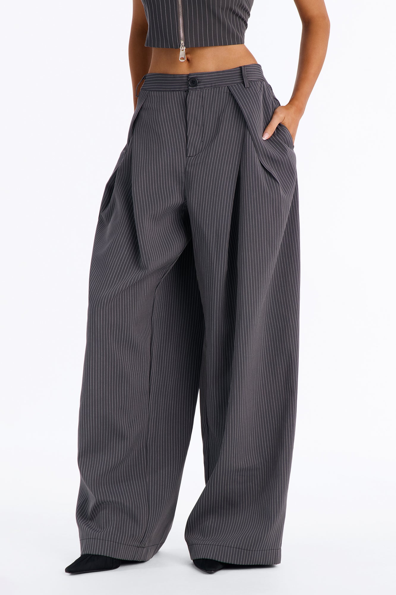 Callie High Rise Pleated Pinstripe Barrel Pant - Charcoal