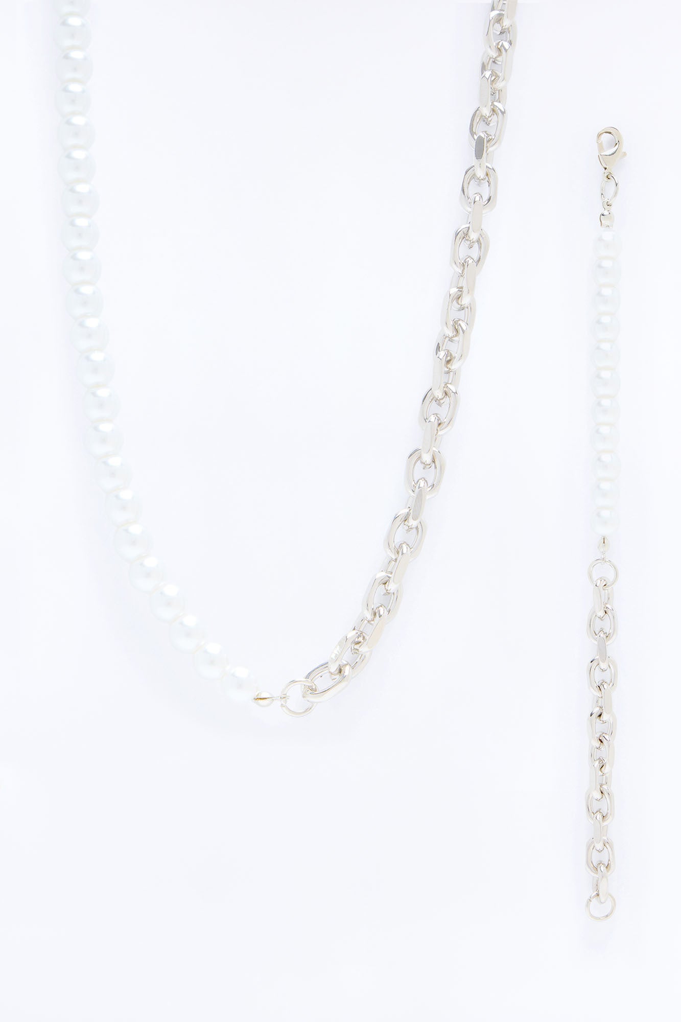 Pearl Chain Link Bracelet And Necklace Set - Silver