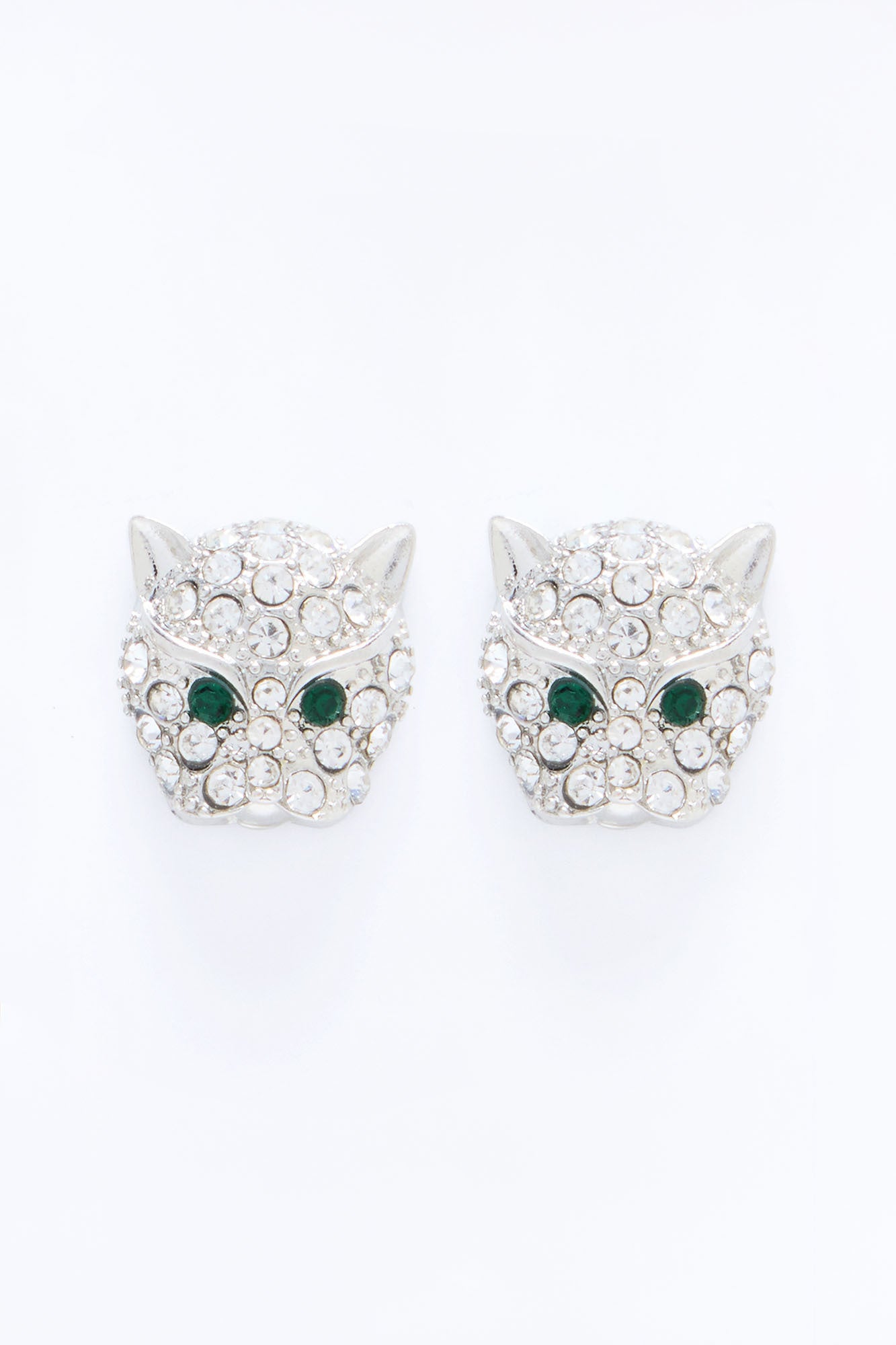 Rhinestone Panther Stud Earrings - Silver