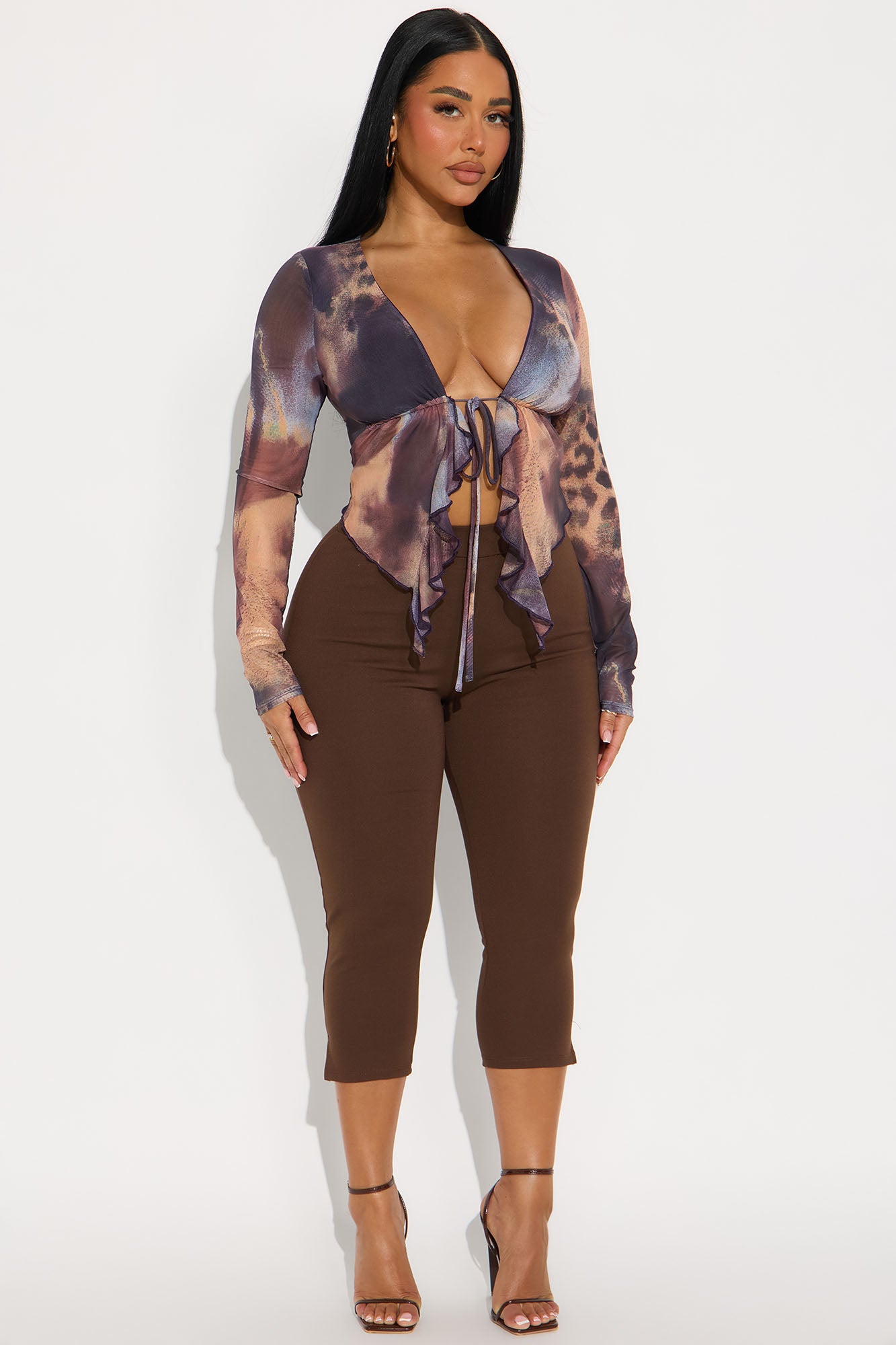 Melissa Ruffle Mesh Flyaway Top - Brown/combo