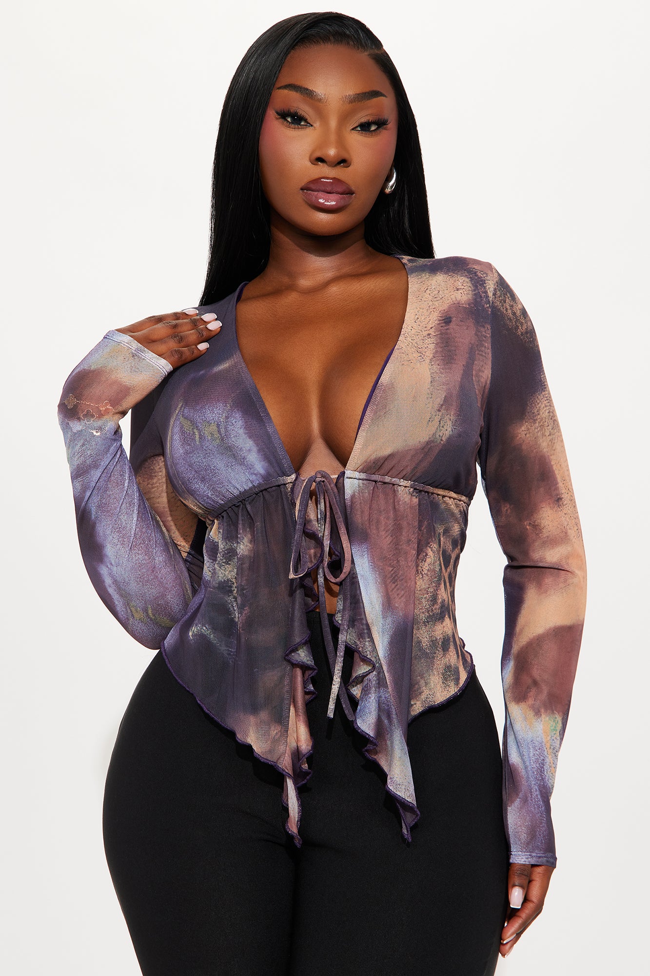 Melissa Ruffle Mesh Flyaway Top - Brown/combo