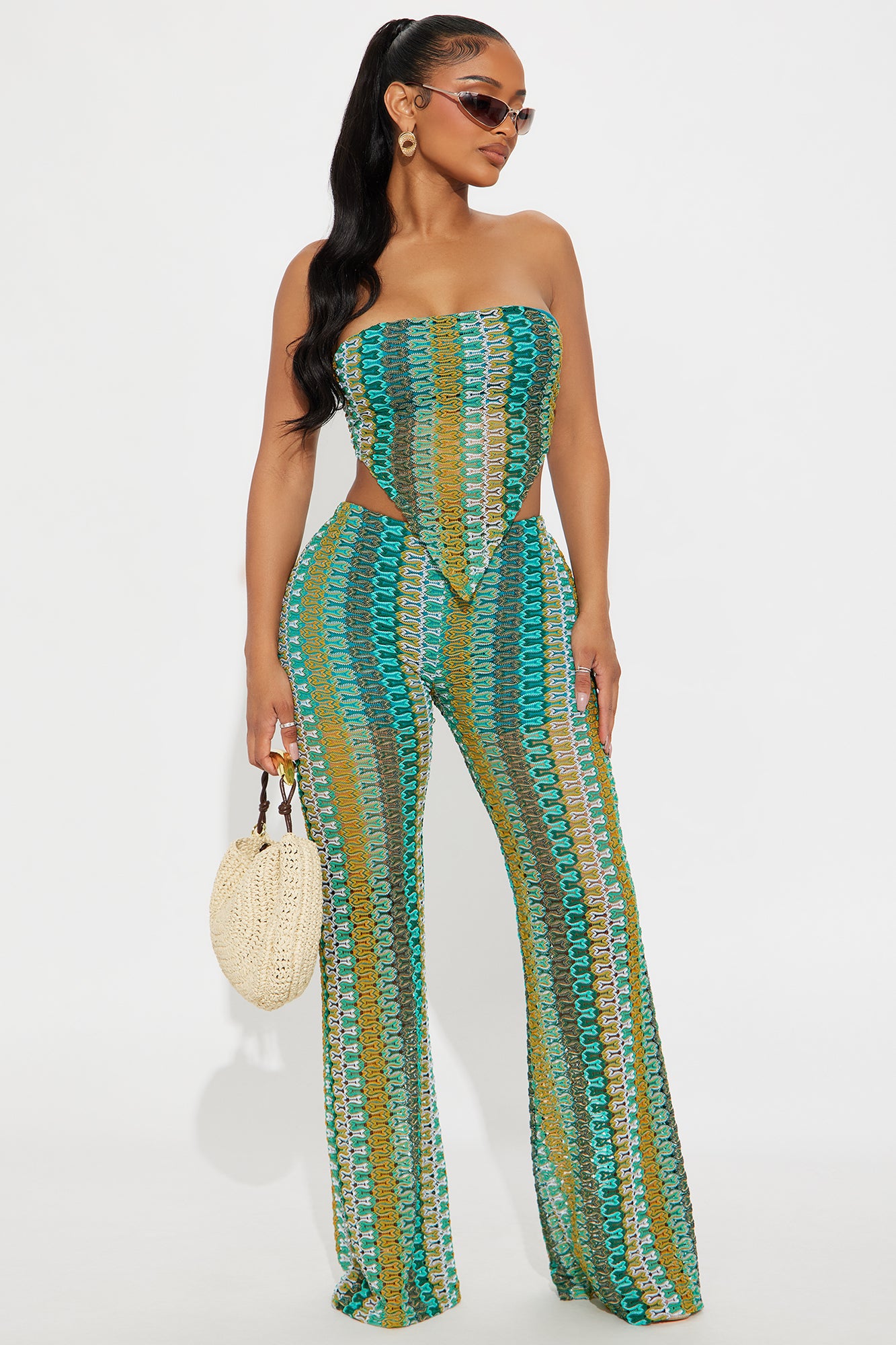 Retro Heat Crochet Pant Set - Teal