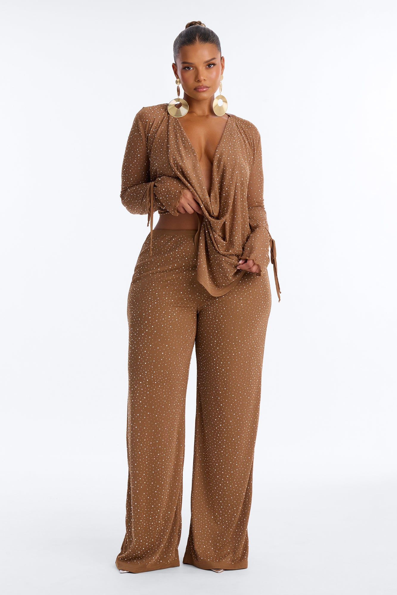 Silent Muse Rhinestone Cowl Neck Mesh Pant Set - Mocha