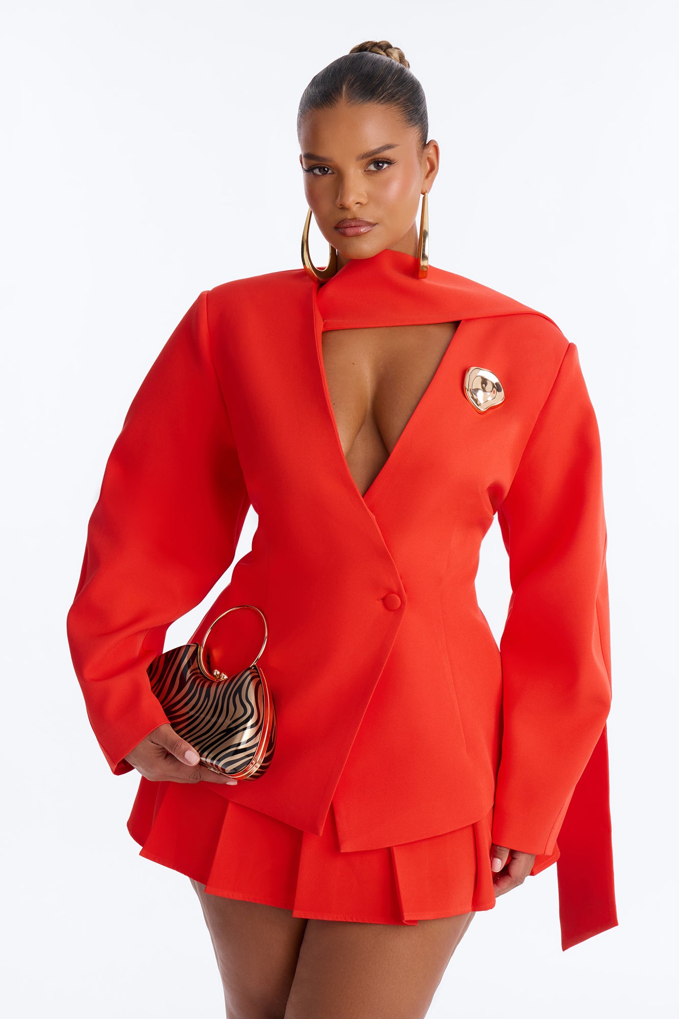 Adeline Long Sleeve Scarf Blazer - Red