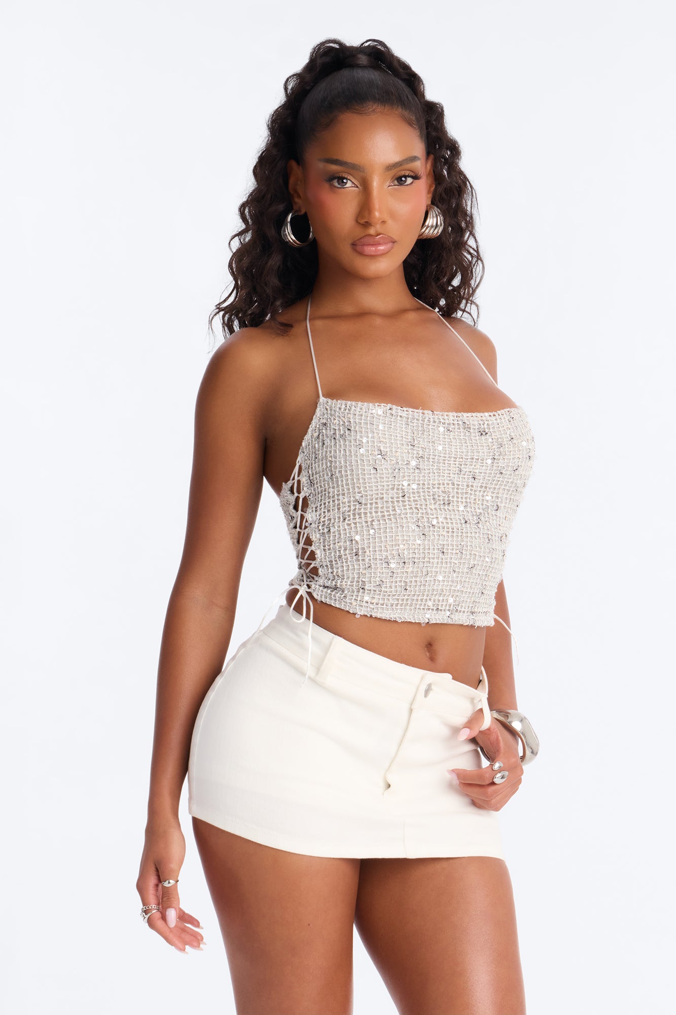 All The Glitters Lace Up Sequin Halter Top - Silver