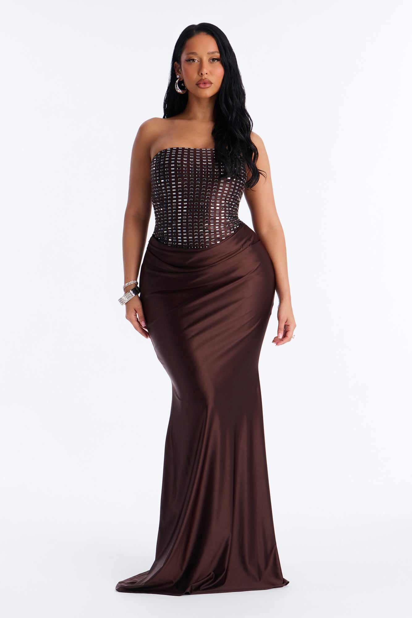 Gia Rhinestone Strapless Gown - Brown