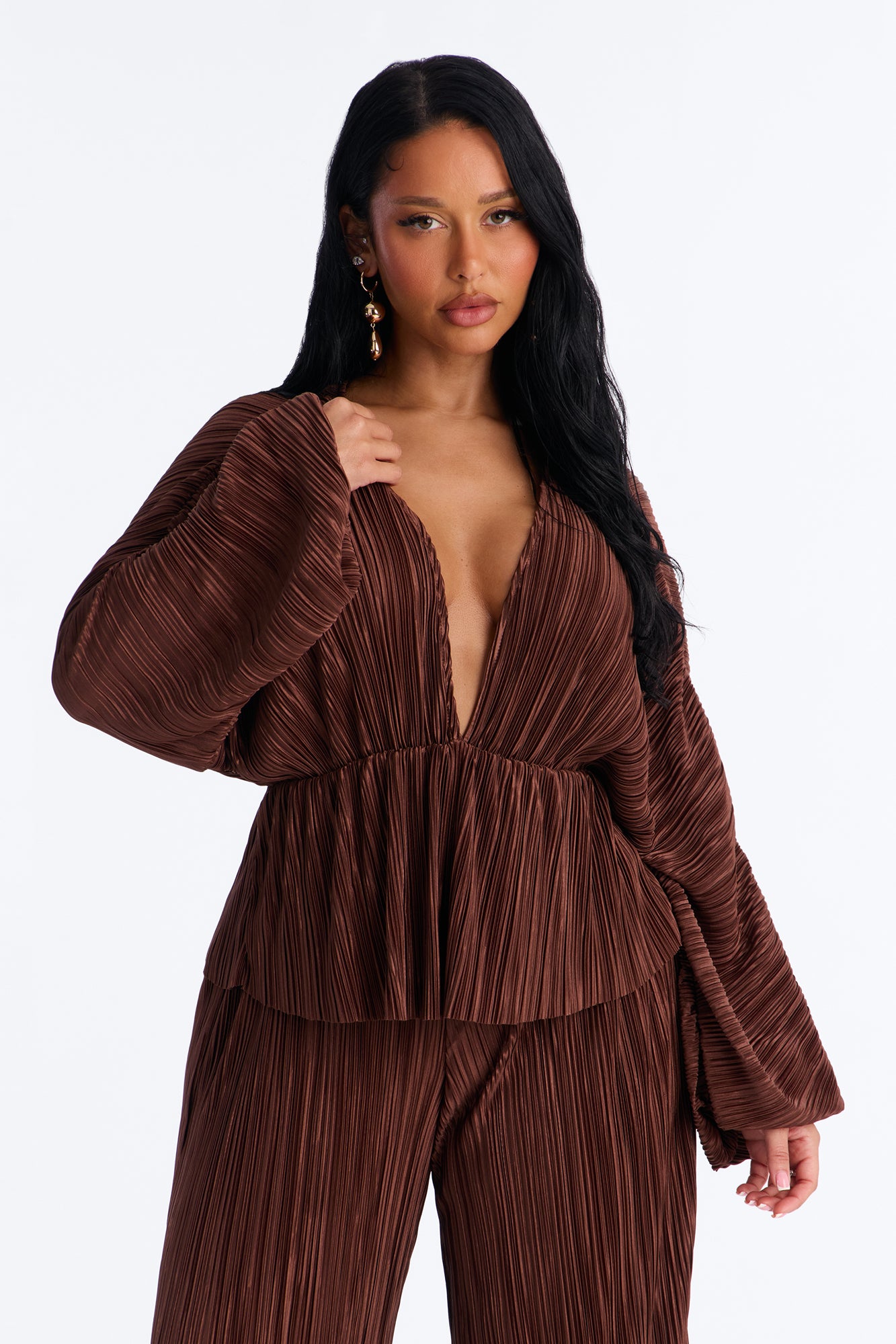 Jordy Plisse Long Sleeve Pant Set - Chocolate