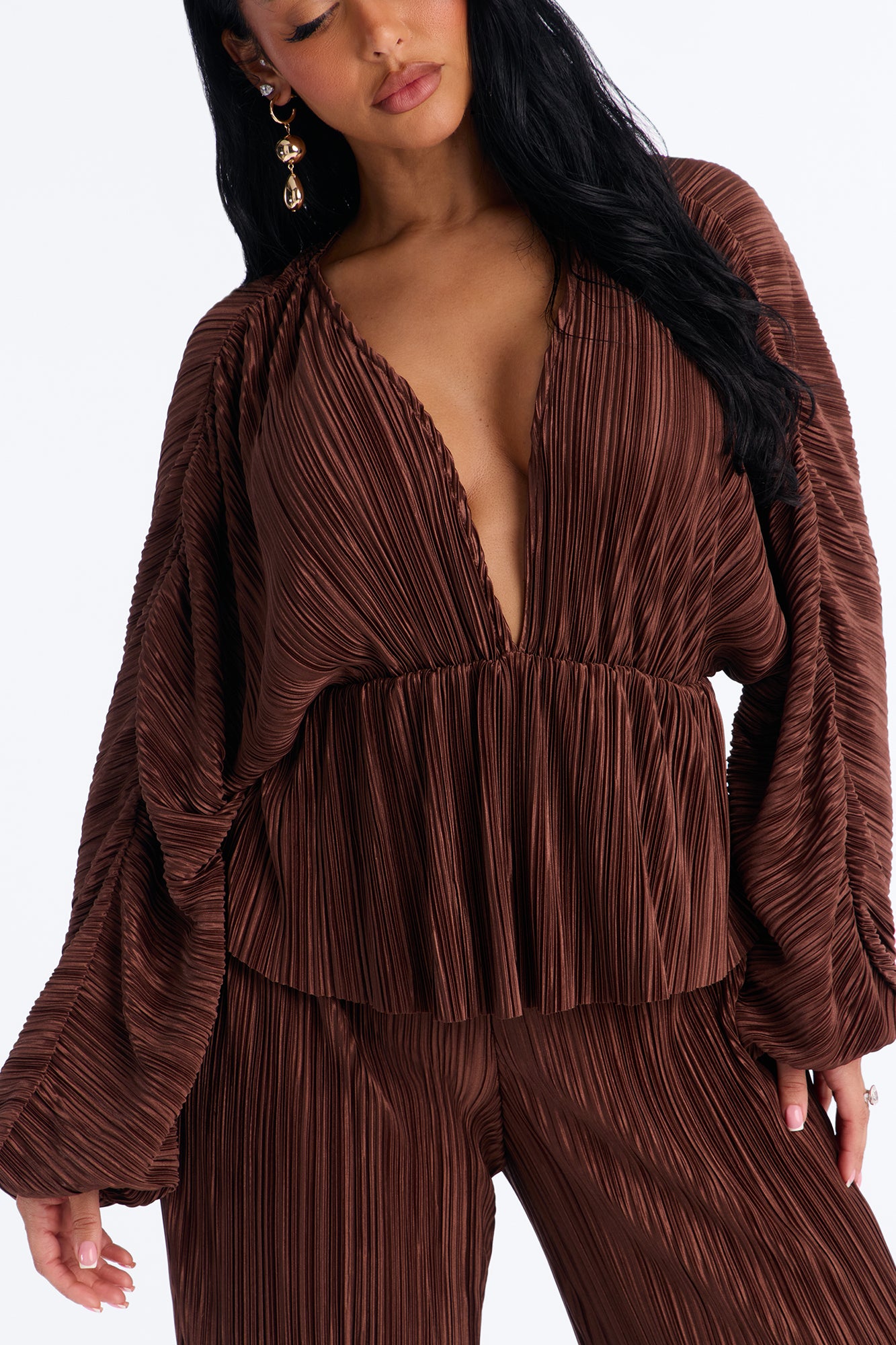 Jordy Plisse Long Sleeve Pant Set - Chocolate