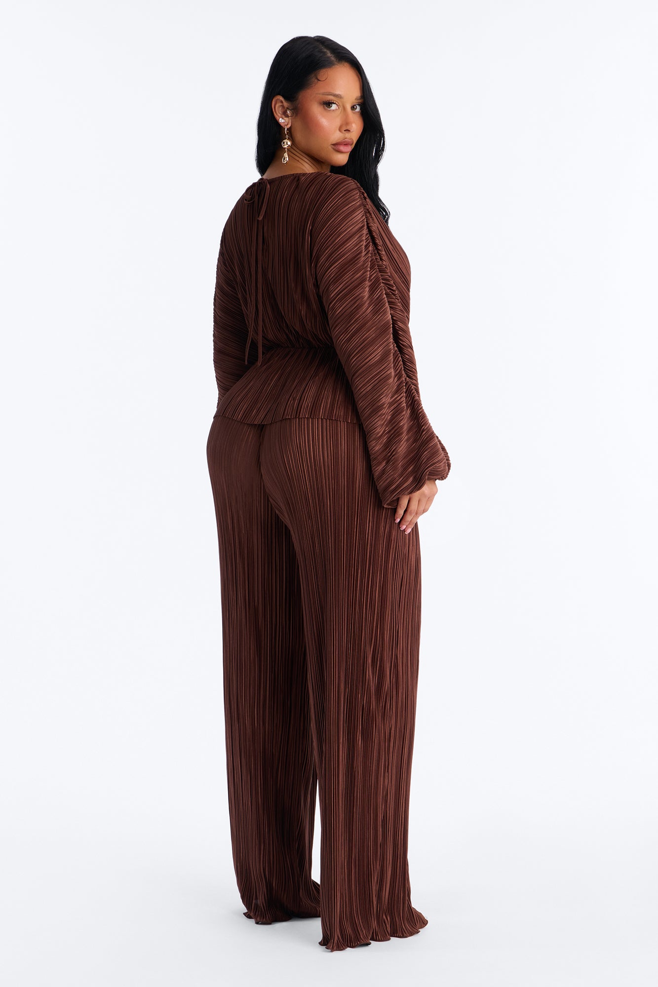 Jordy Plisse Long Sleeve Pant Set - Chocolate