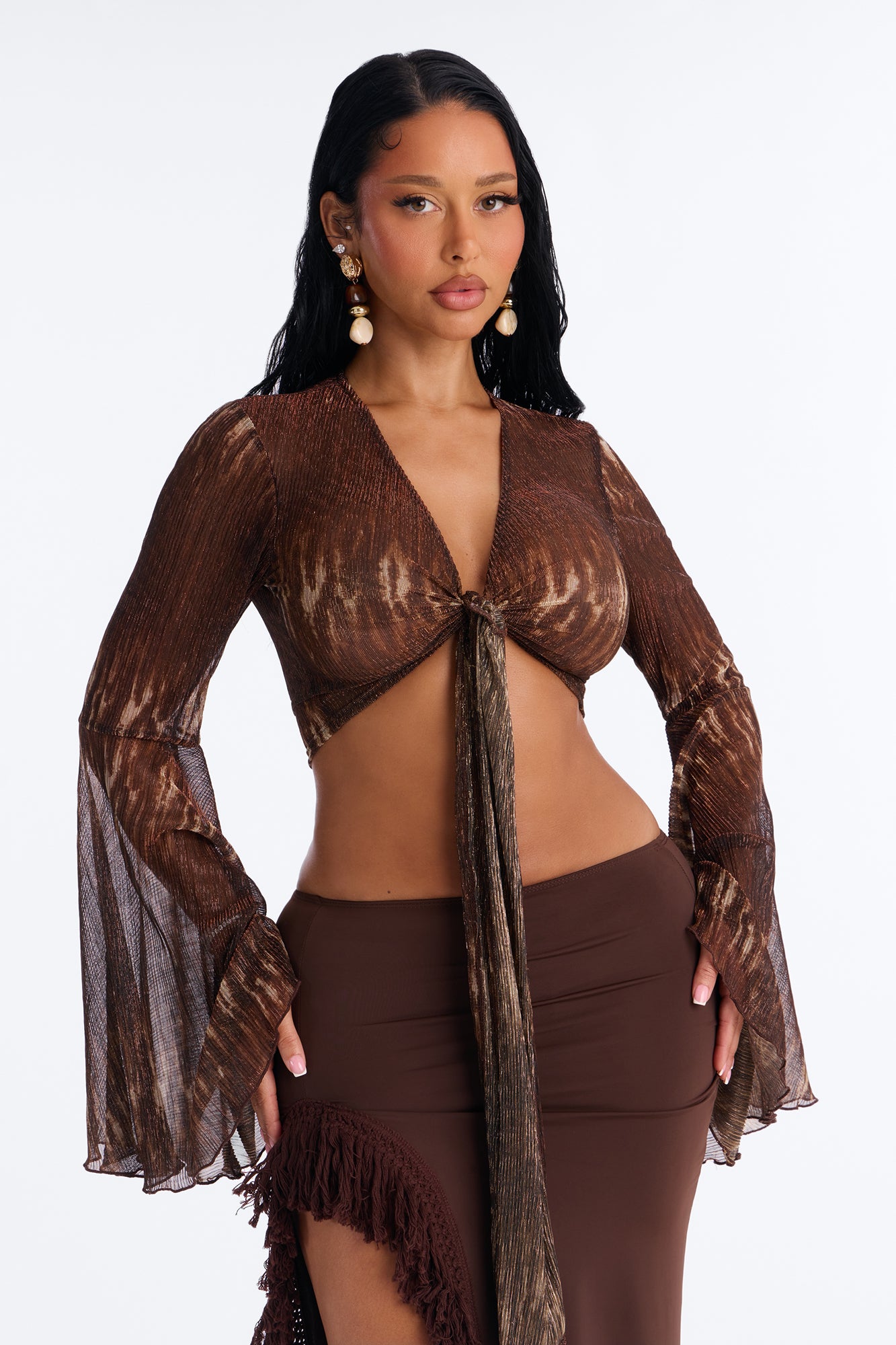 Anitta Animal Metallic Knit Tie Front Top - Chocolate/Combo