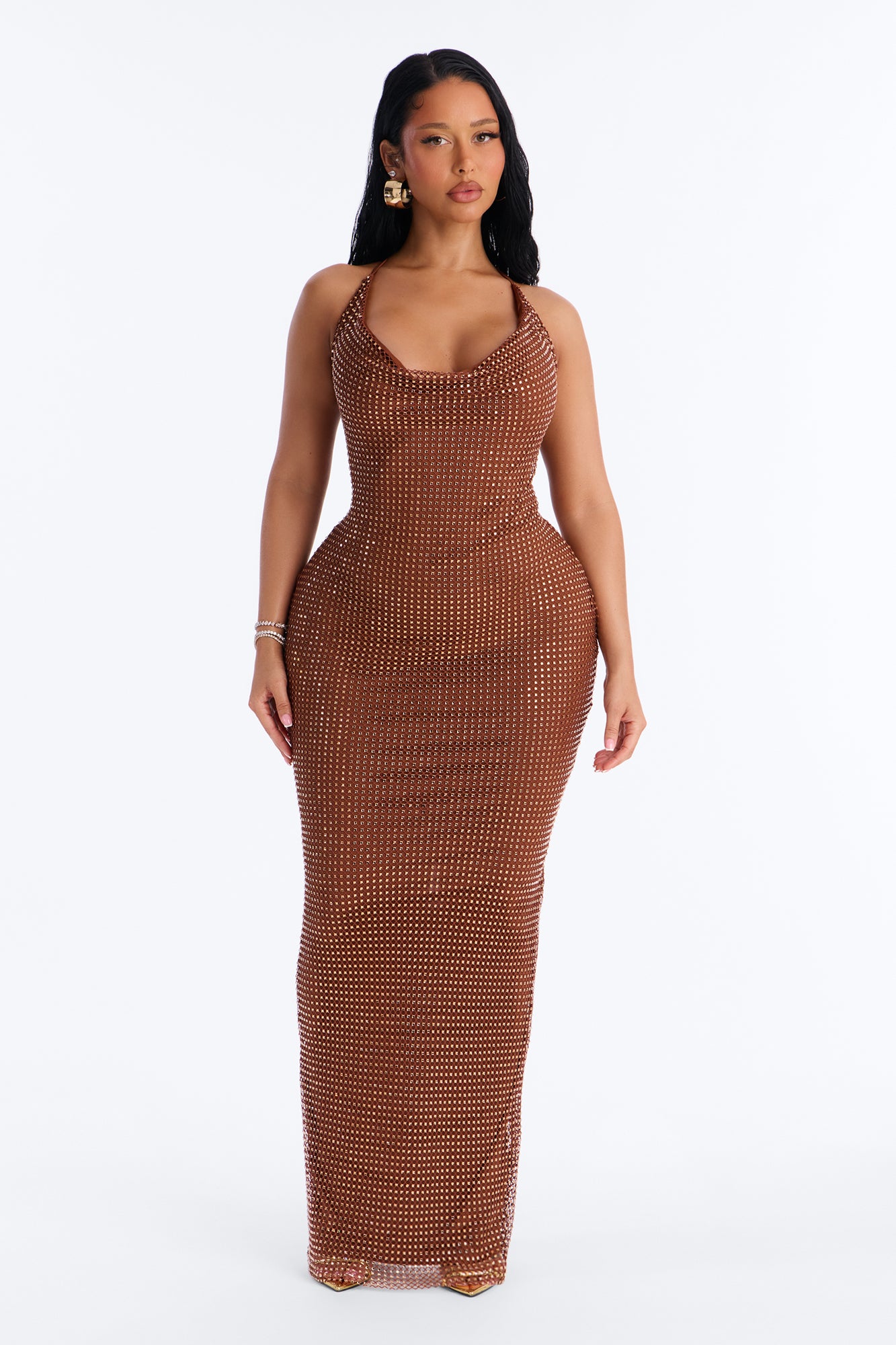Handle The Curves Embellished Maxi Dress - Brown