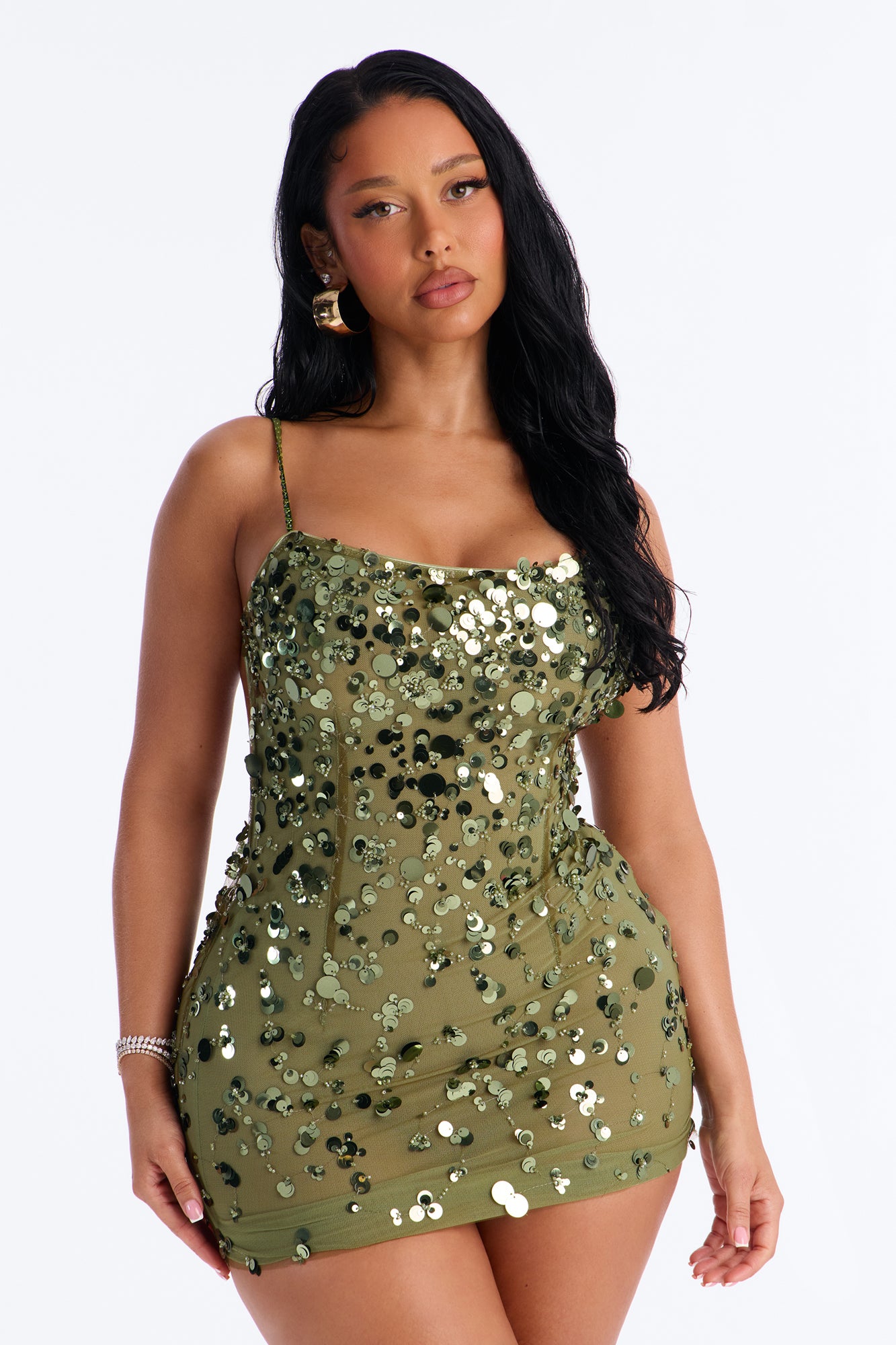 Sparkle Mesh Sequin Mini Dress - Olive