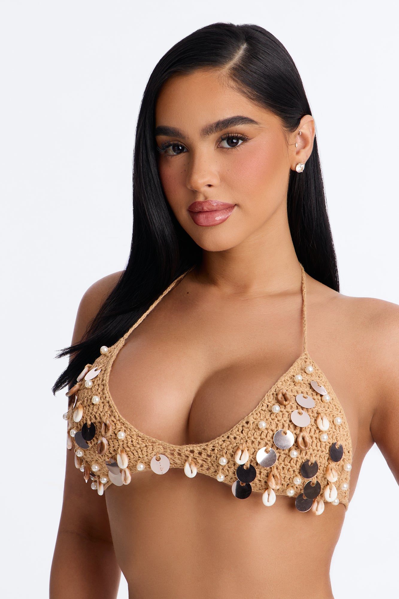 Cameron Crochet Embellished 3 Piece Bikini & Cover Up Skirt Sunsuit - Tan