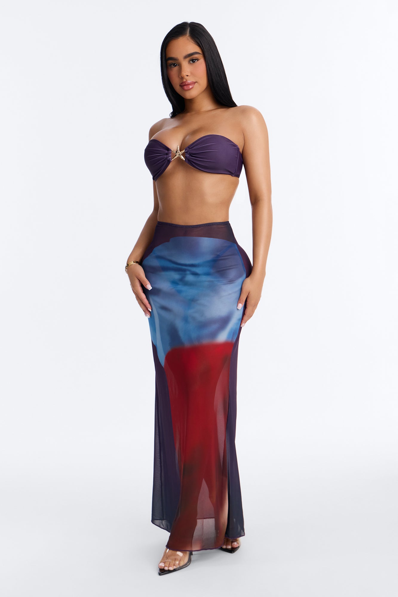 Merinda 3 Piece Strapless Bikini & Mesh Floral Cover Up Midi Skirt Sunsuit - Purple/combo