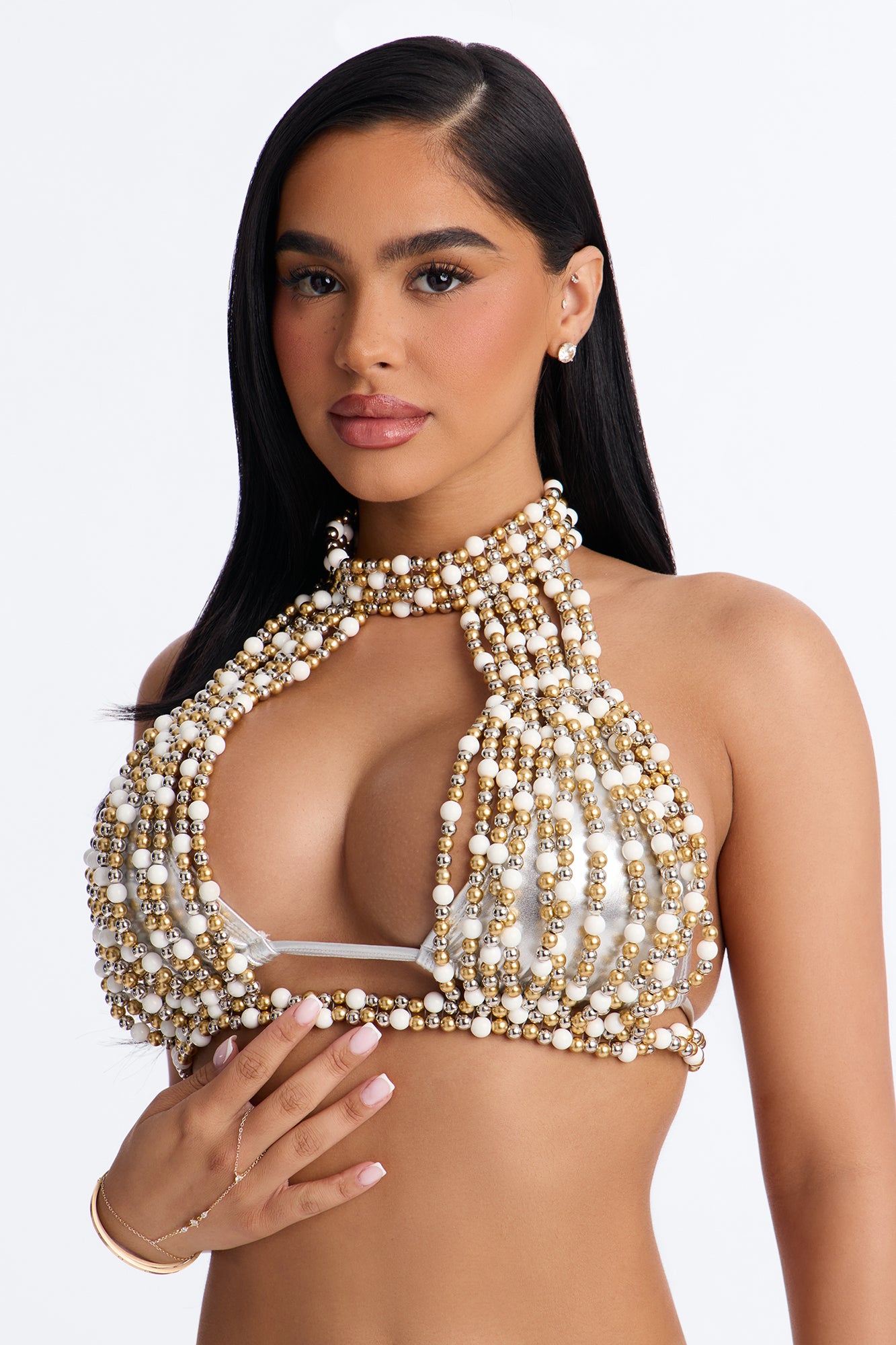Azzura 3 Piece Triangle Bikini & Cover Up Beaded Top Sunsuit - Silver/Combo