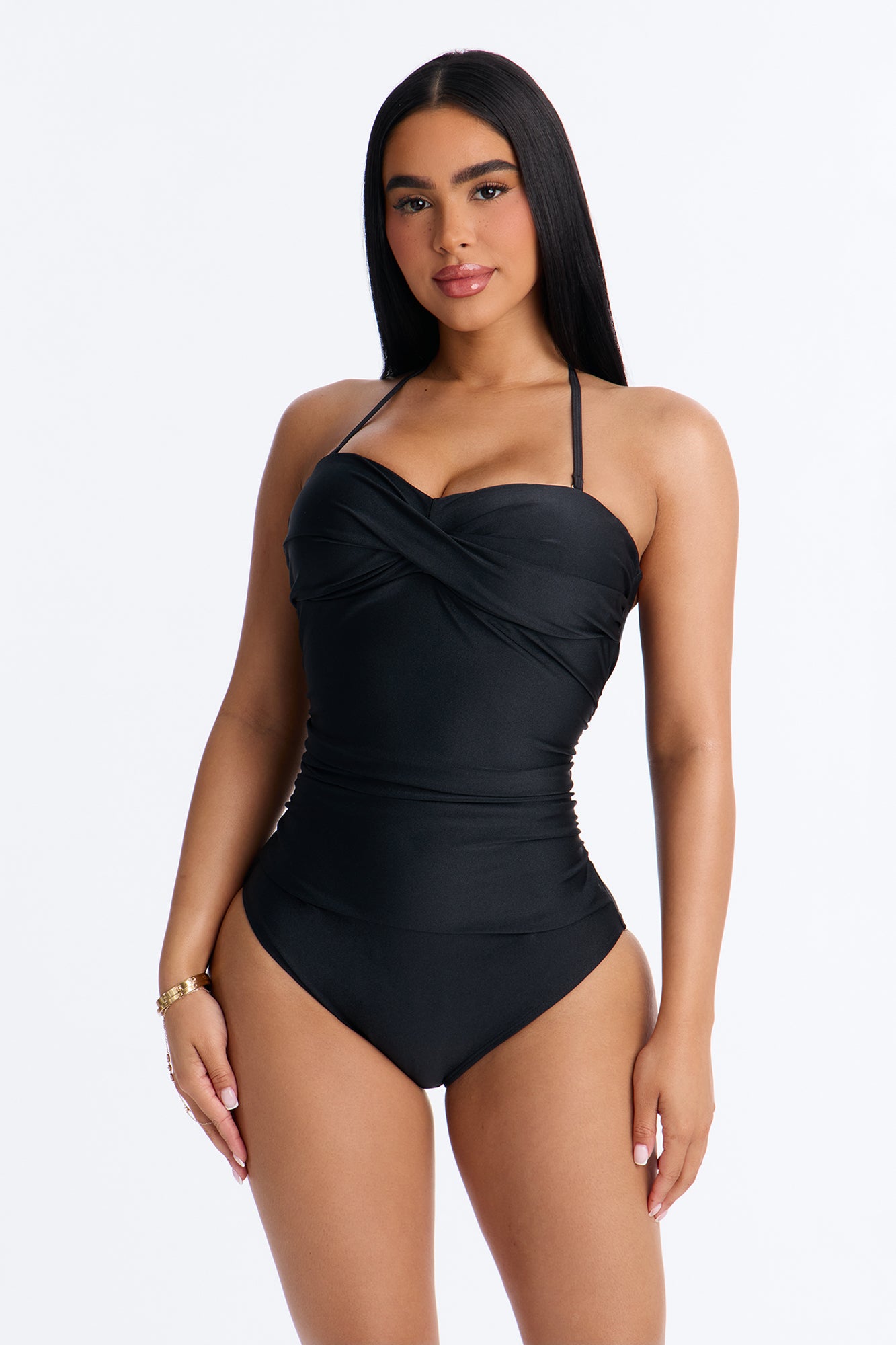 Island Bloom 1 Piece Halter Bandeau Swimsuit - Black