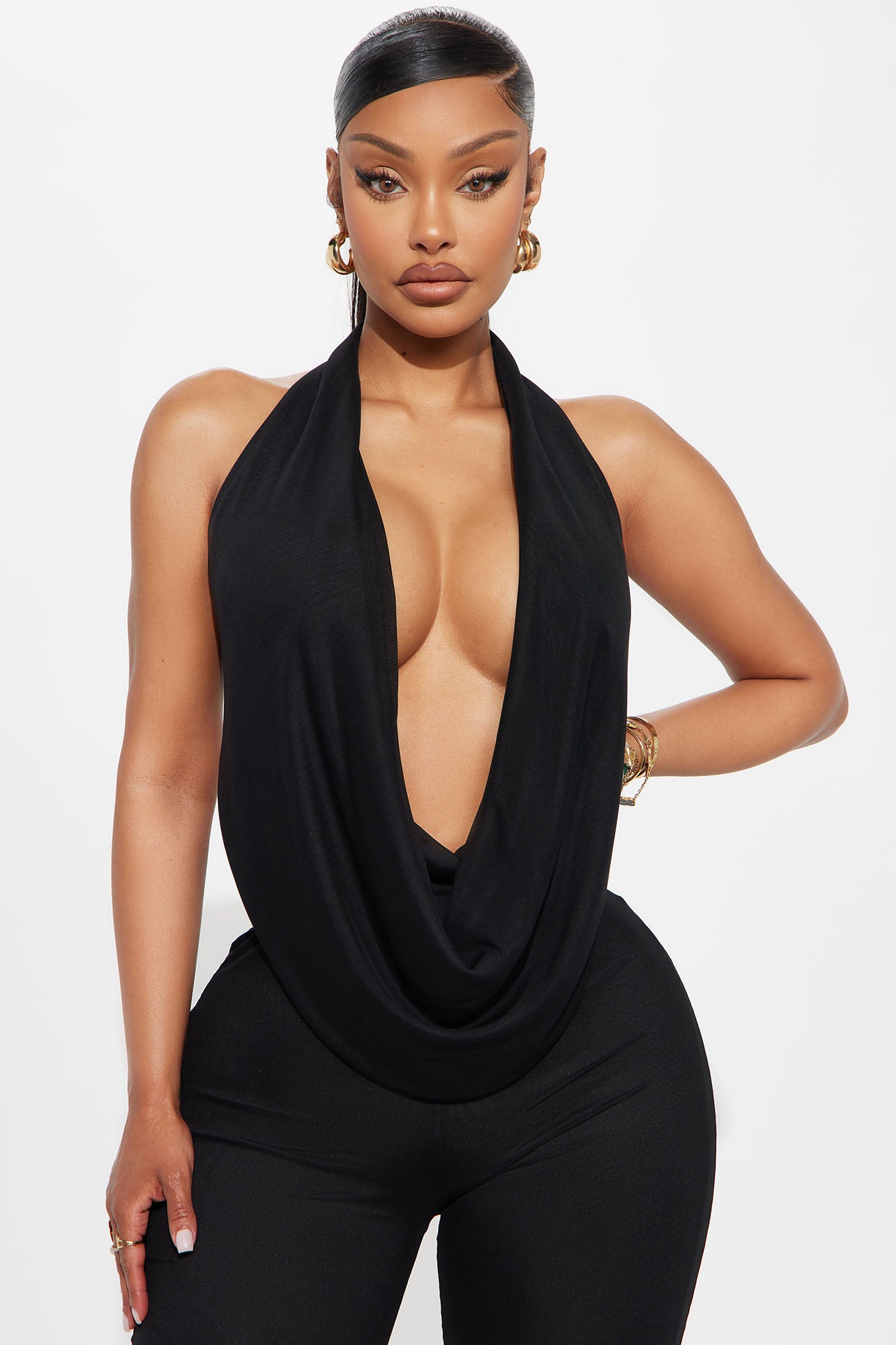 Shayna Cowl Halter Mesh Pant Set - Black