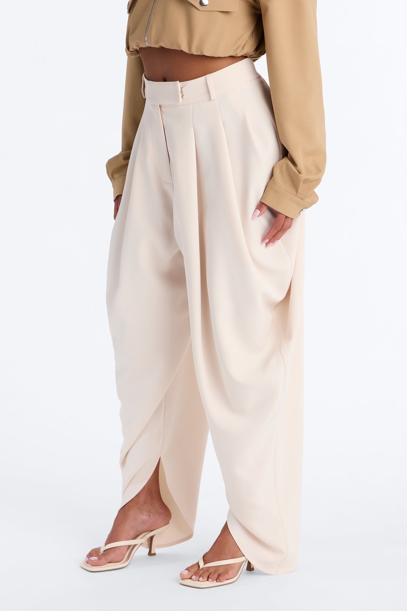 Boheme High Waisted Flowy Pleated Barrel Leg Trouser - Ivory