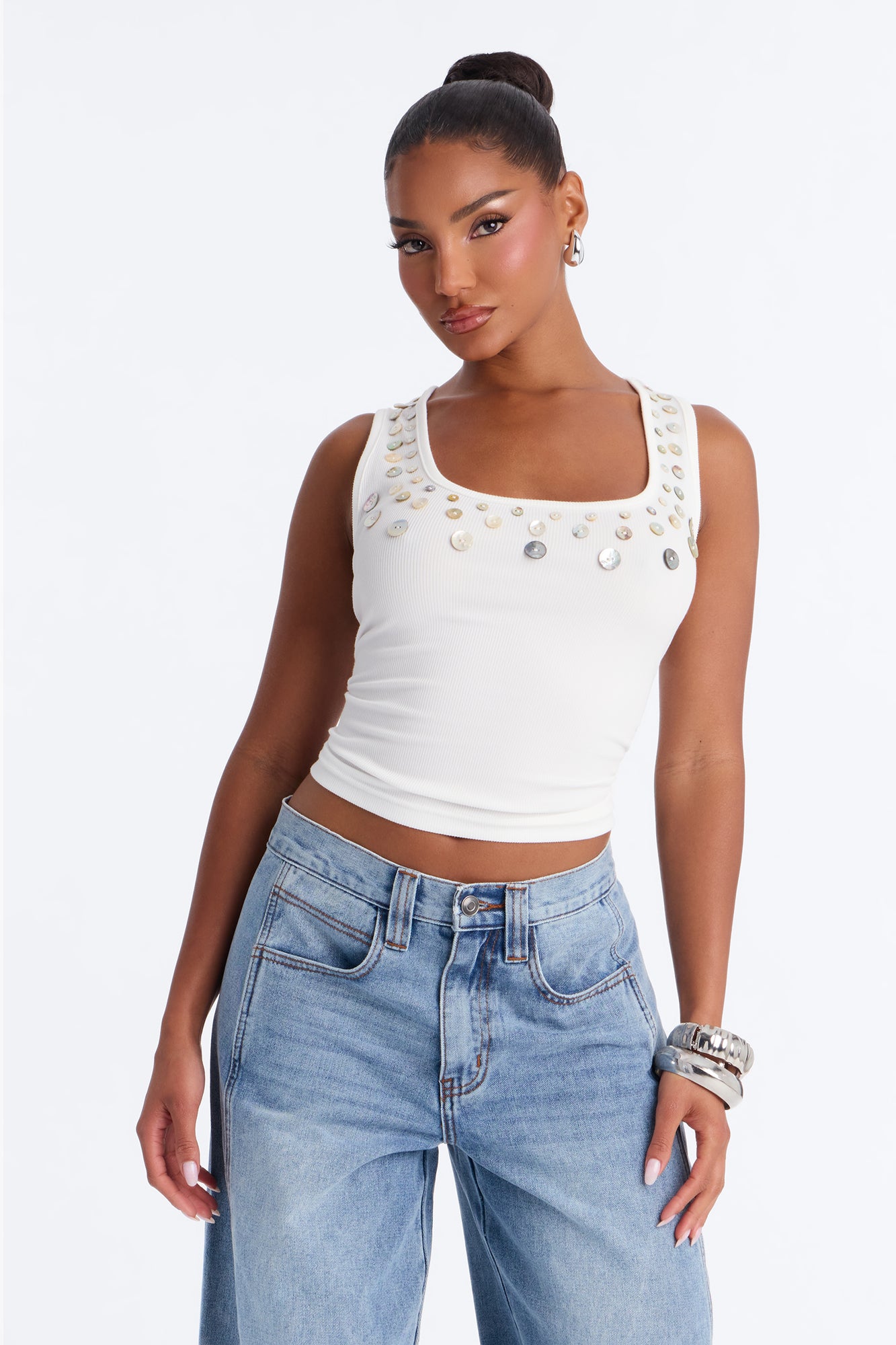 Seashell Island Embellished Ribbed Tank Top - White