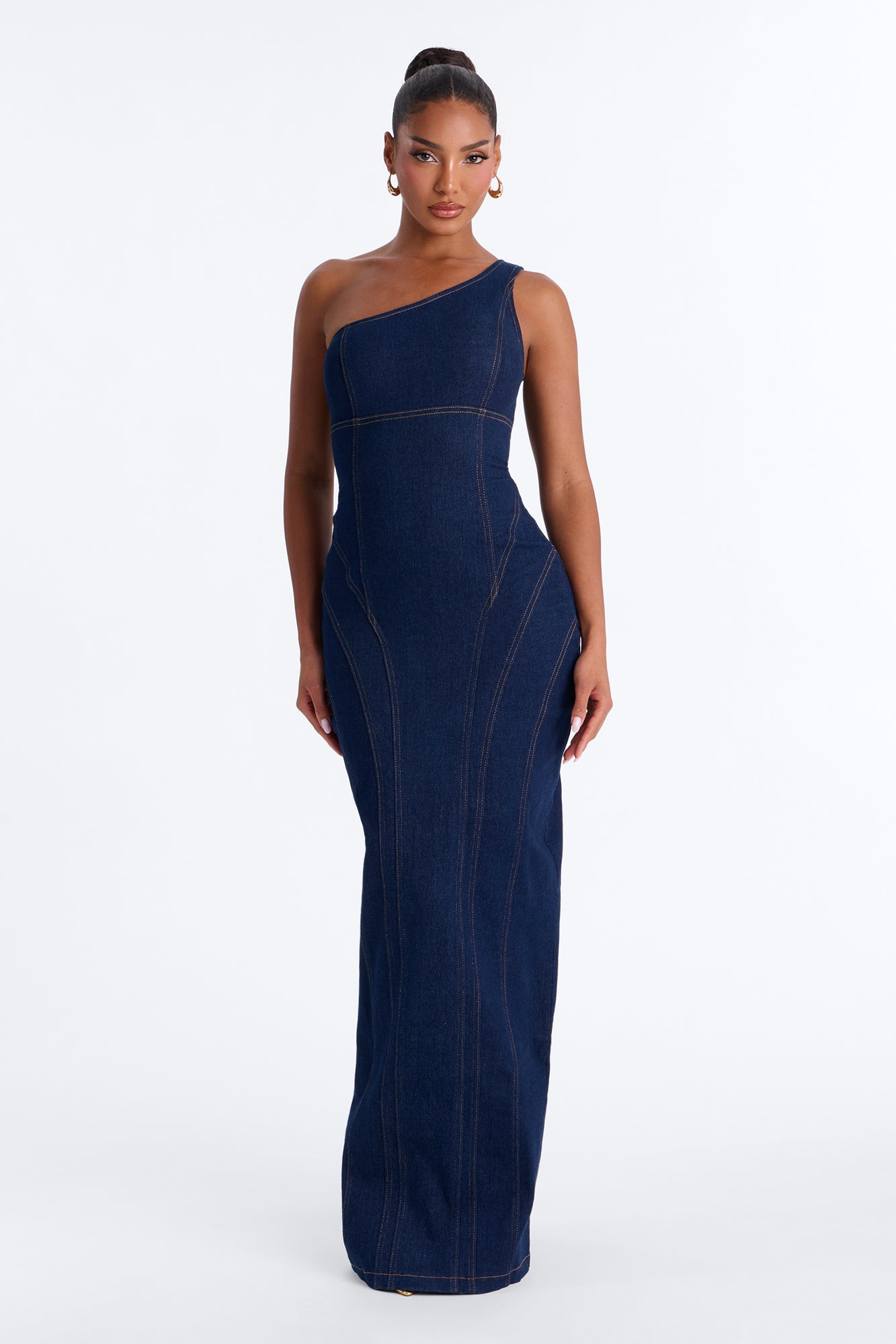 Camille One Shoulder Denim Maxi Dress - Dark Denim