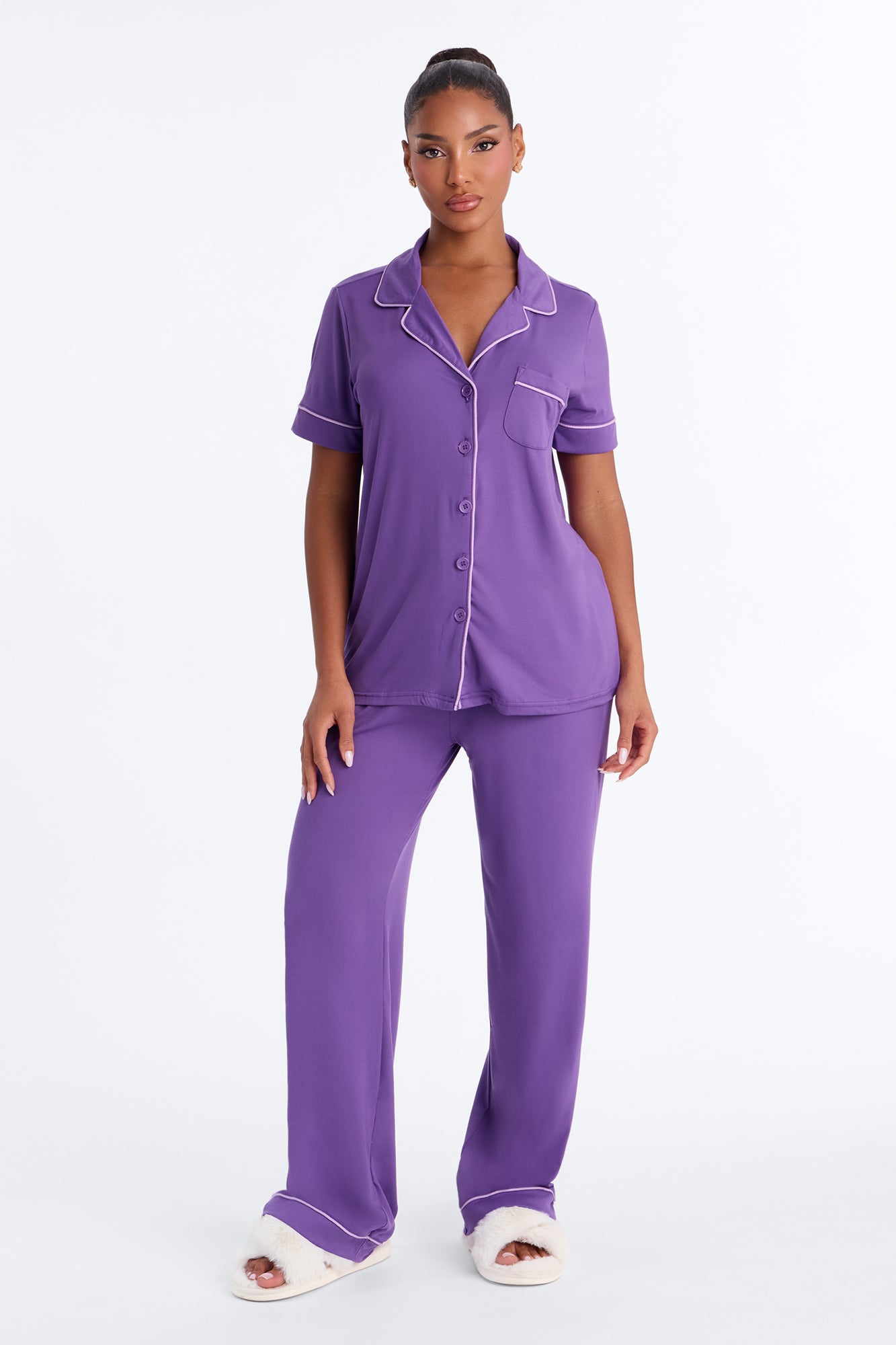 Blush Nights Short Sleeve Button Up PJ Pant Set - Purple