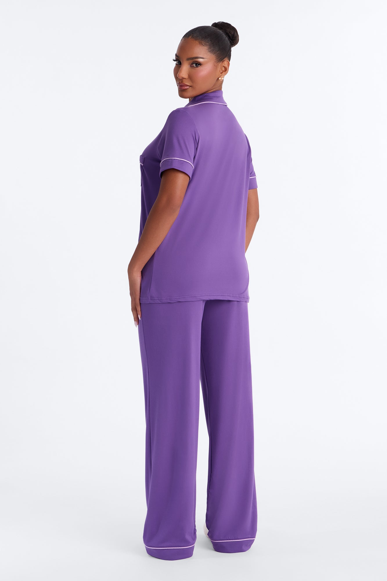 Blush Nights Short Sleeve Button Up PJ Pant Set - Purple