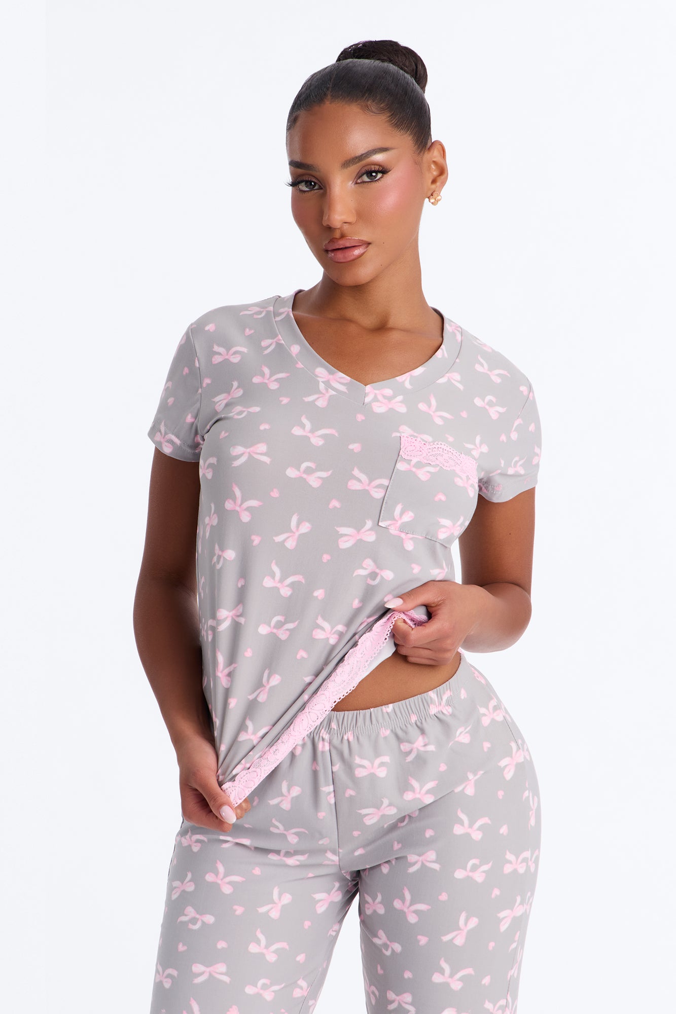Soft Ease Lace Trim PJ Pant Set - Grey/combo