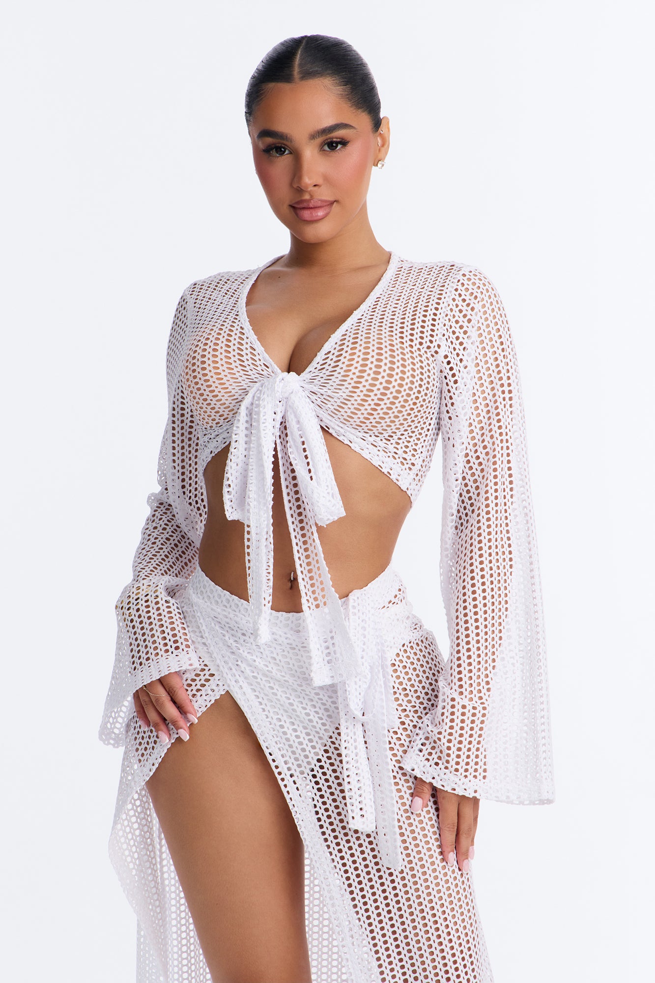 Island Breeze Crochet Fishnet Cover Up Sarong Skirt Set - White