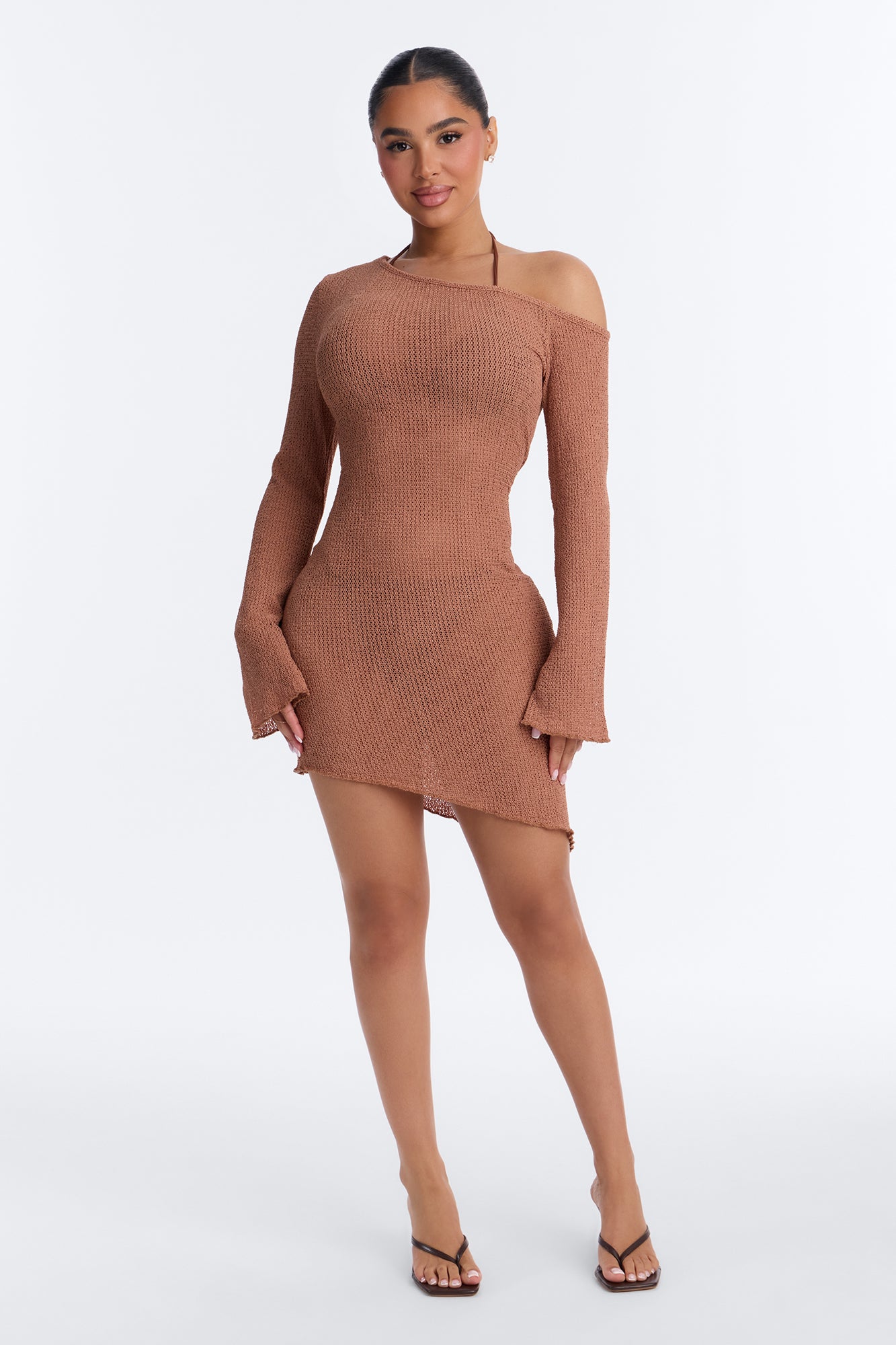 Ocean Breeze Knit Off Shoulder Cover Up Dress - Mocha