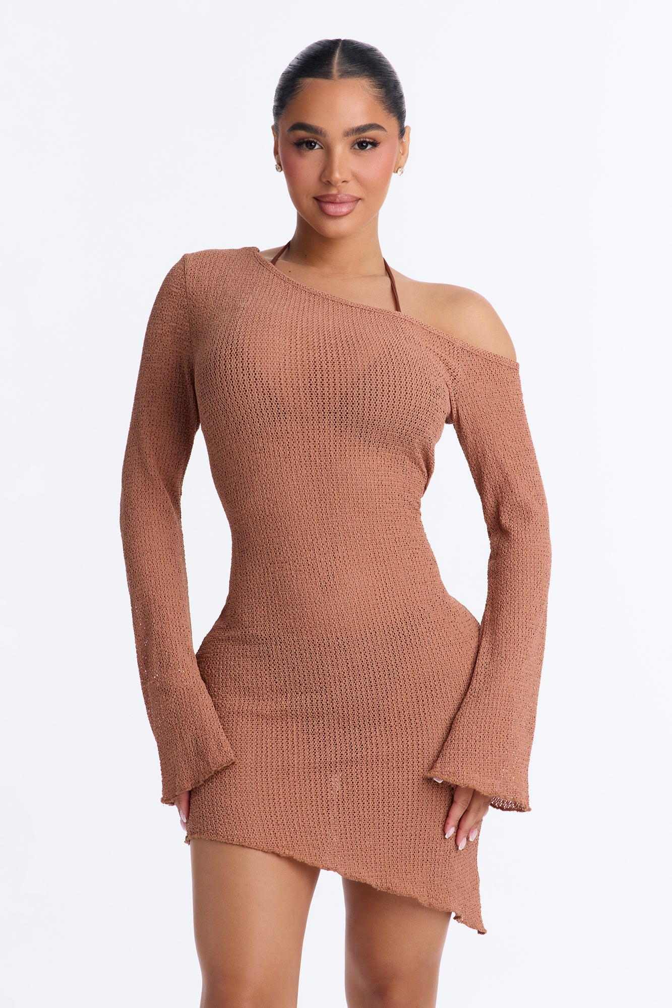 Ocean Breeze Knit Off Shoulder Cover Up Dress - Mocha