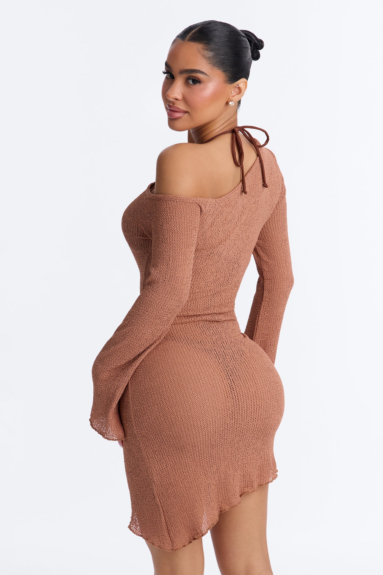 Ocean Breeze Knit Off Shoulder Cover Up Dress - Mocha